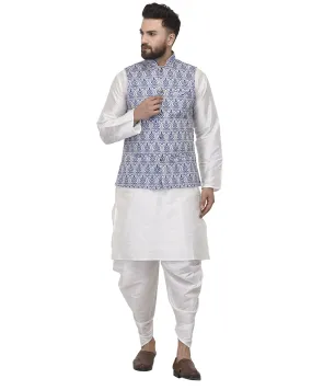 Men's White Kurta With Dhoti & Steeal Grey Printed Nehru Jacket - Benstoke