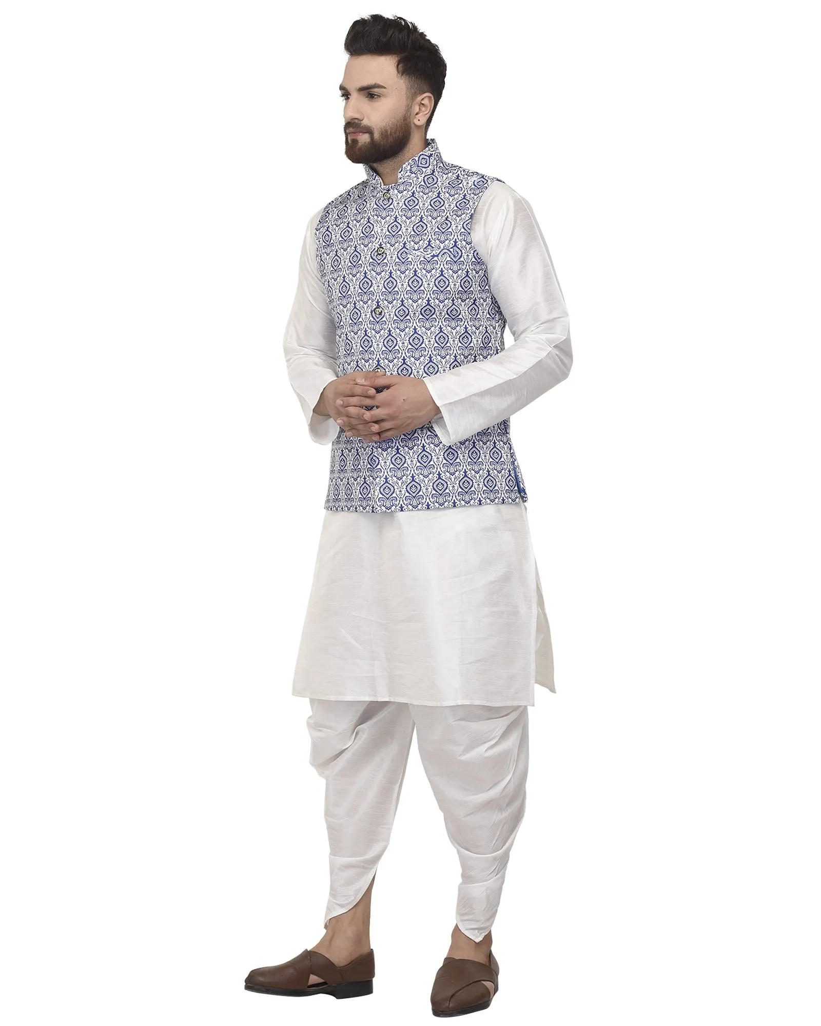 Men's White Kurta With Dhoti & Steeal Grey Printed Nehru Jacket - Benstoke