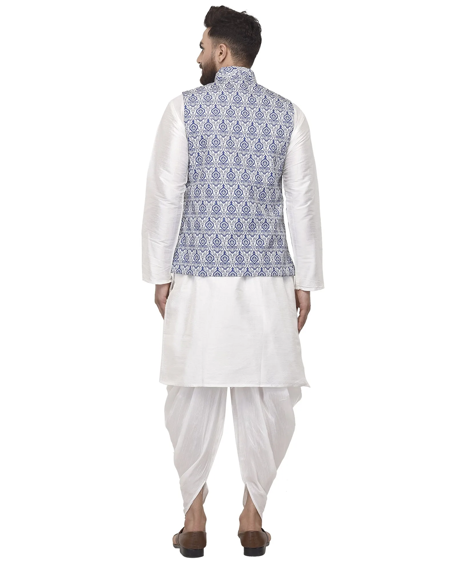 Men's White Kurta With Dhoti & Steeal Grey Printed Nehru Jacket - Benstoke