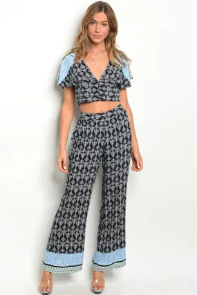 Navy Blue Crop Top and Palazzo Pants Set