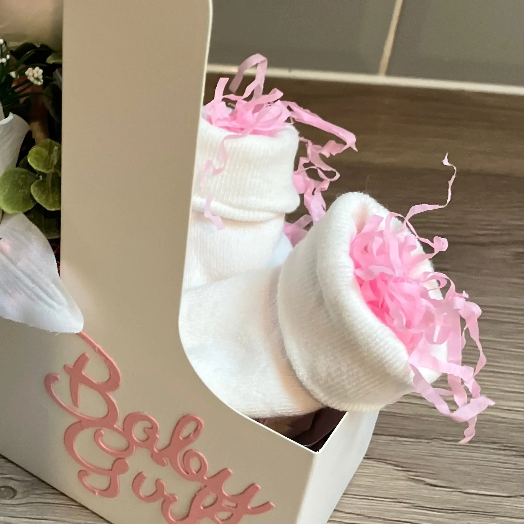 New baby girl flower arrangement plus booties & flannel teddy