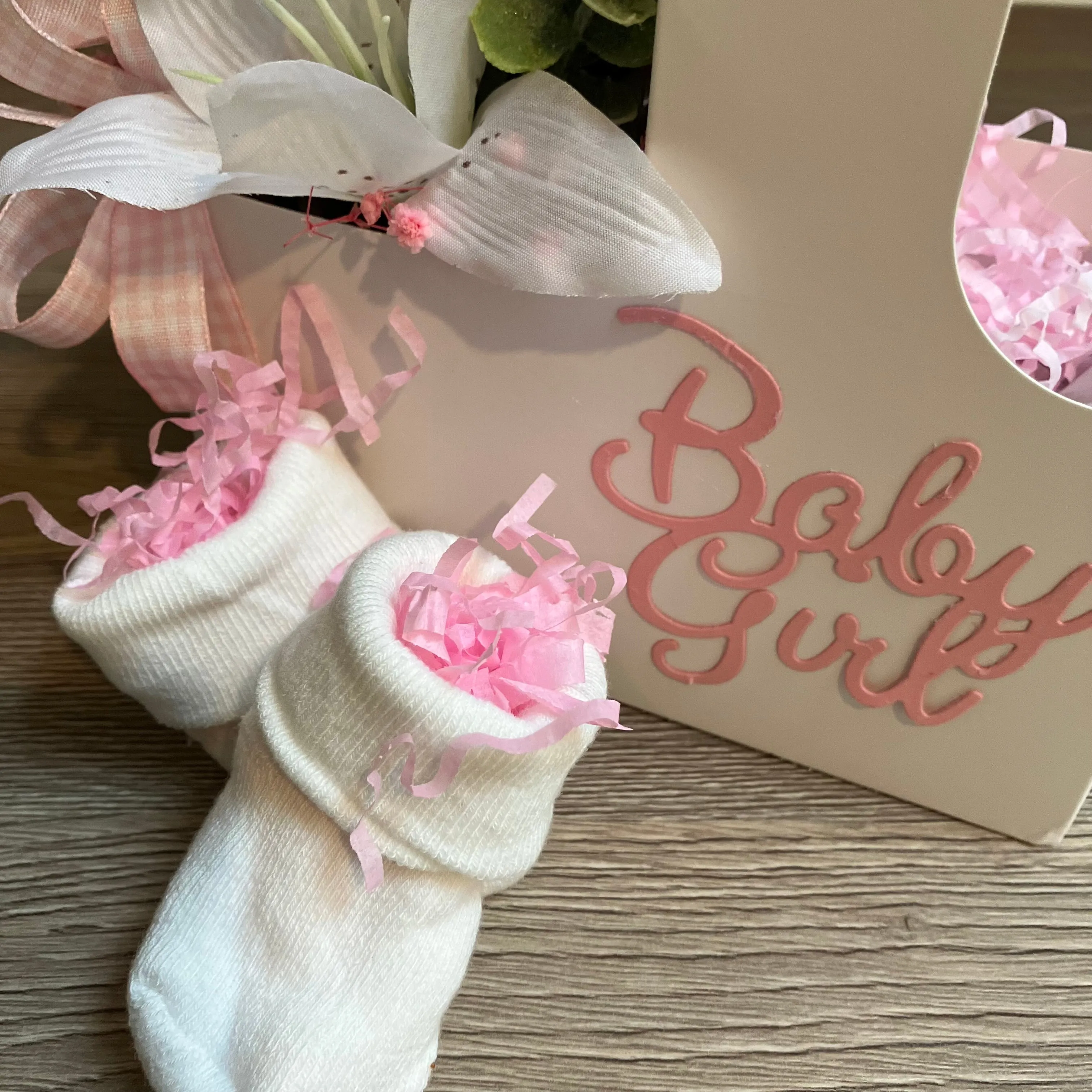 New baby girl flower arrangement plus booties & flannel teddy