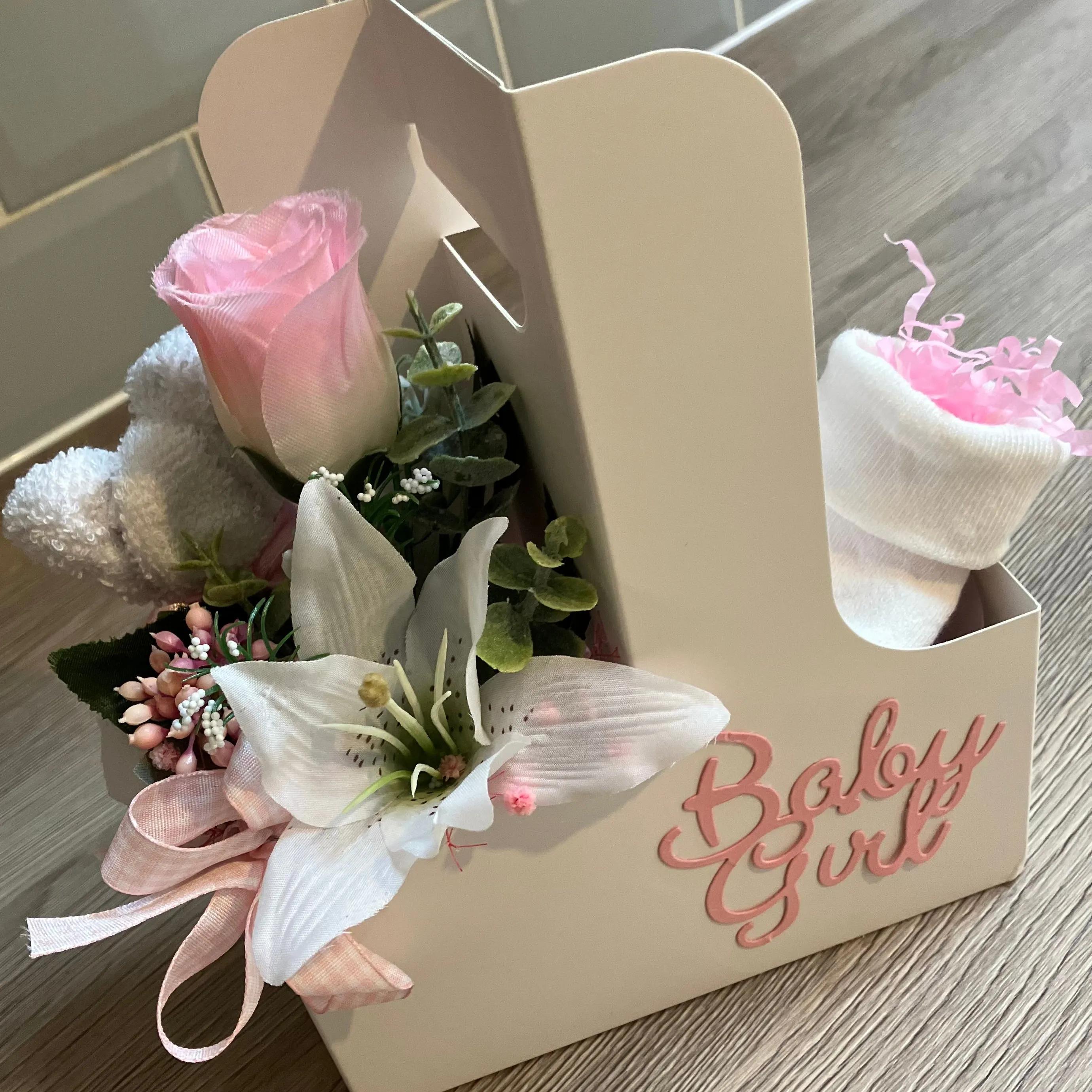 New baby girl flower arrangement plus booties & flannel teddy