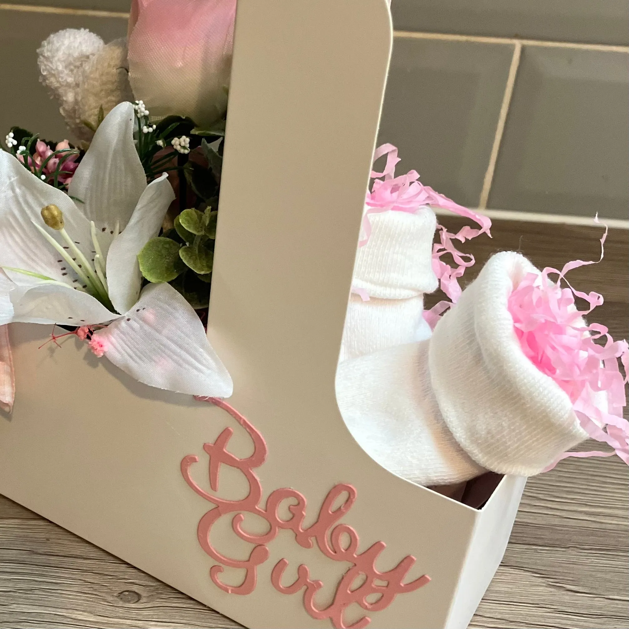 New baby girl flower arrangement plus booties & flannel teddy