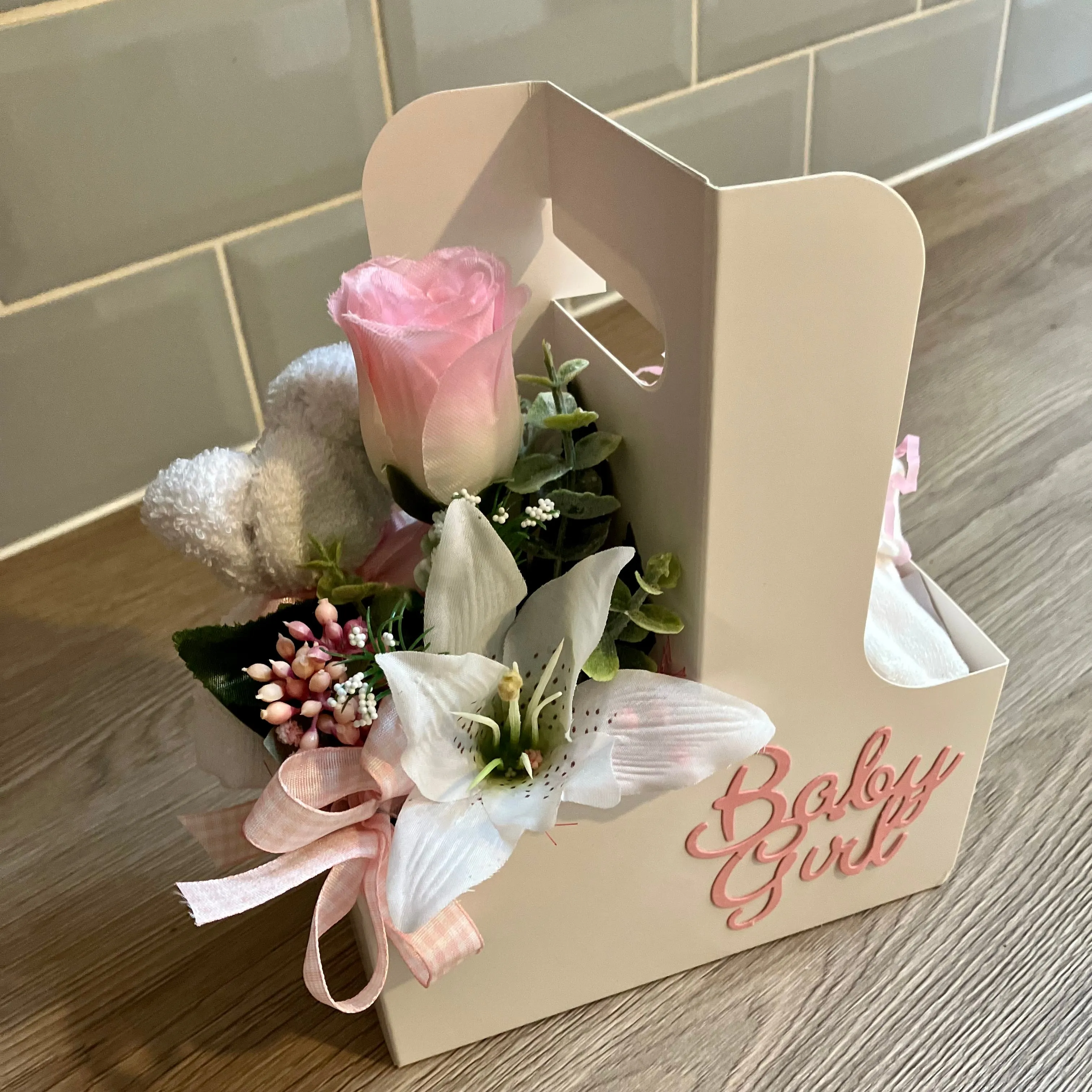 New baby girl flower arrangement plus booties & flannel teddy