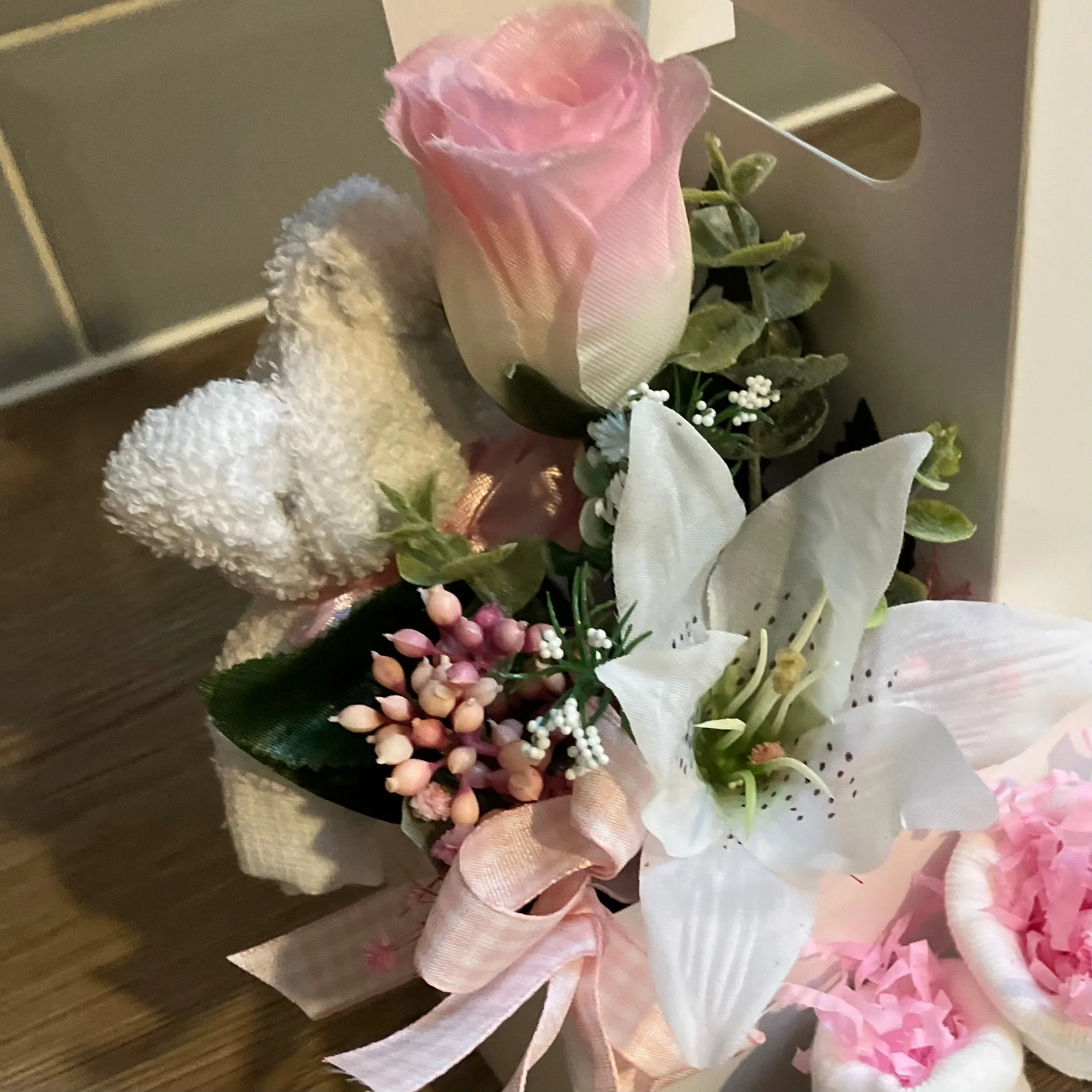 New baby girl flower arrangement plus booties & flannel teddy