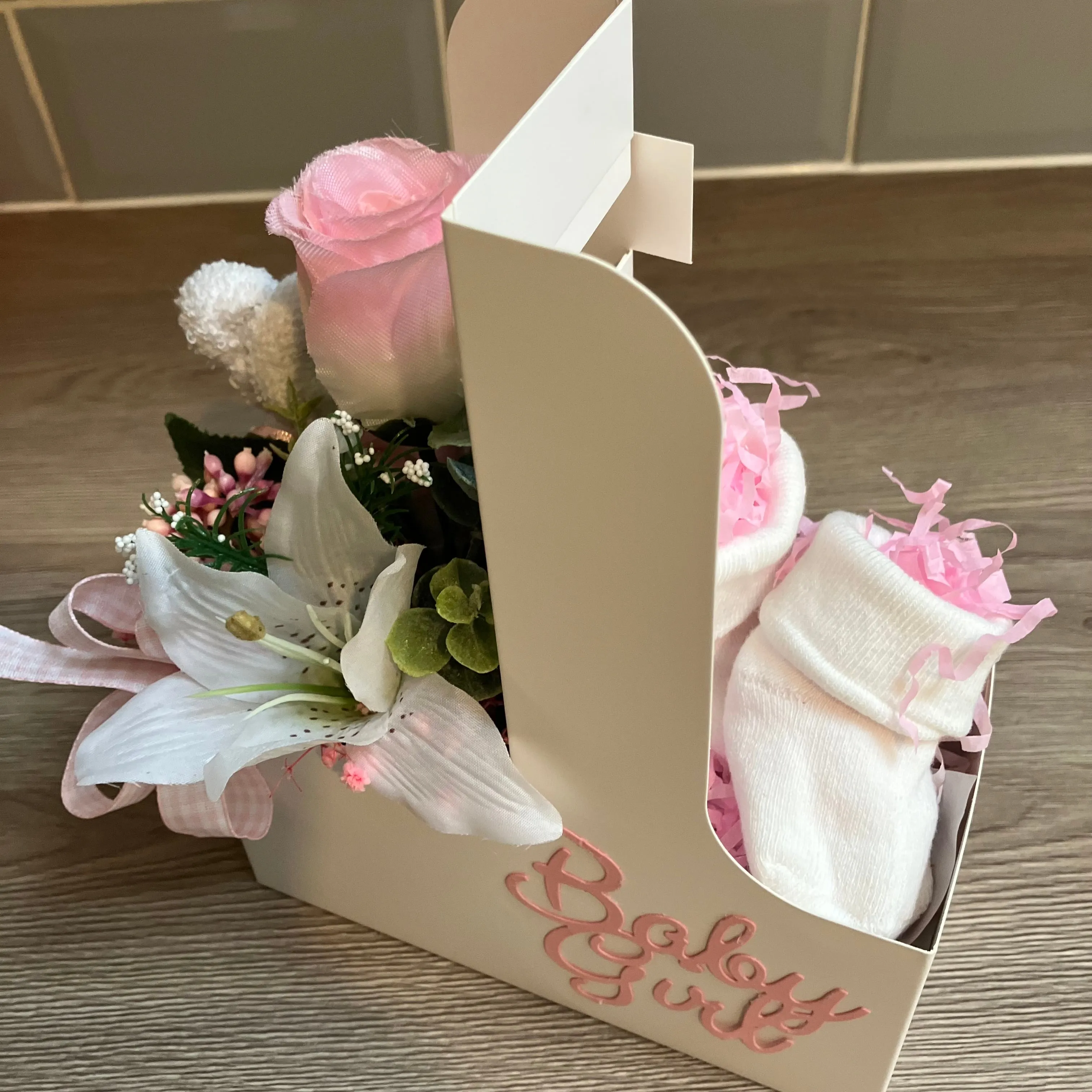 New baby girl flower arrangement plus booties & flannel teddy