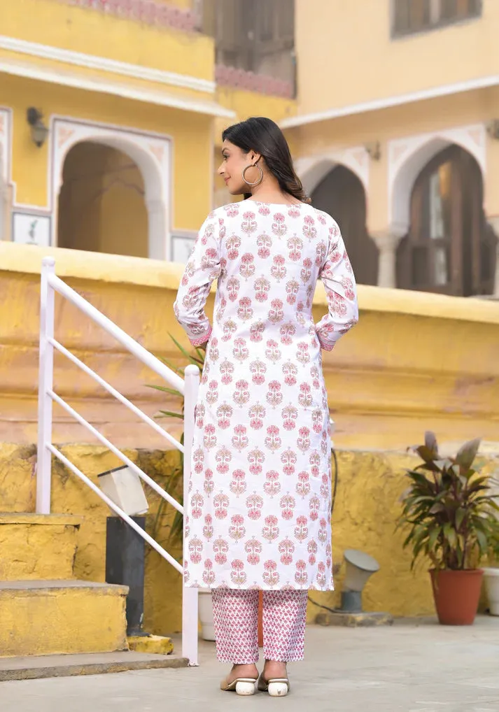 Pink & White Viscose Block Print & Embroidered Suit Set with Chanderi Cotton Dupatta