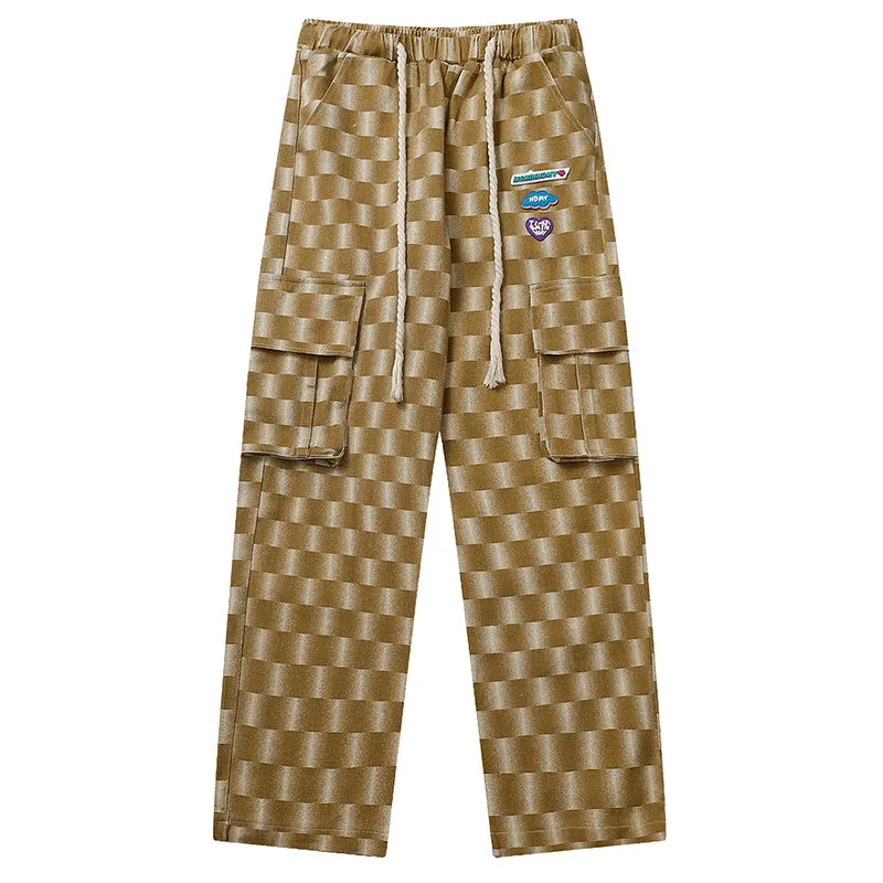 PopFlying Casual Straight Cargo Pants Checkerboard