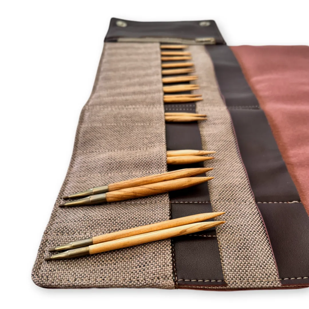 Premium 5 Inch Olive Wood Interchangeable Circular Knitting Needle Set | Leather Case (29 Piece Set)