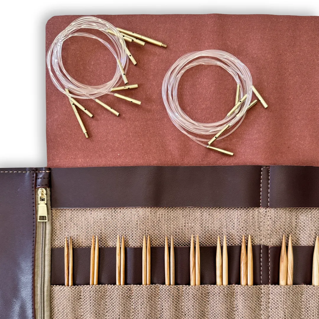 Premium 5 Inch Olive Wood Interchangeable Circular Knitting Needle Set | Leather Case (29 Piece Set)