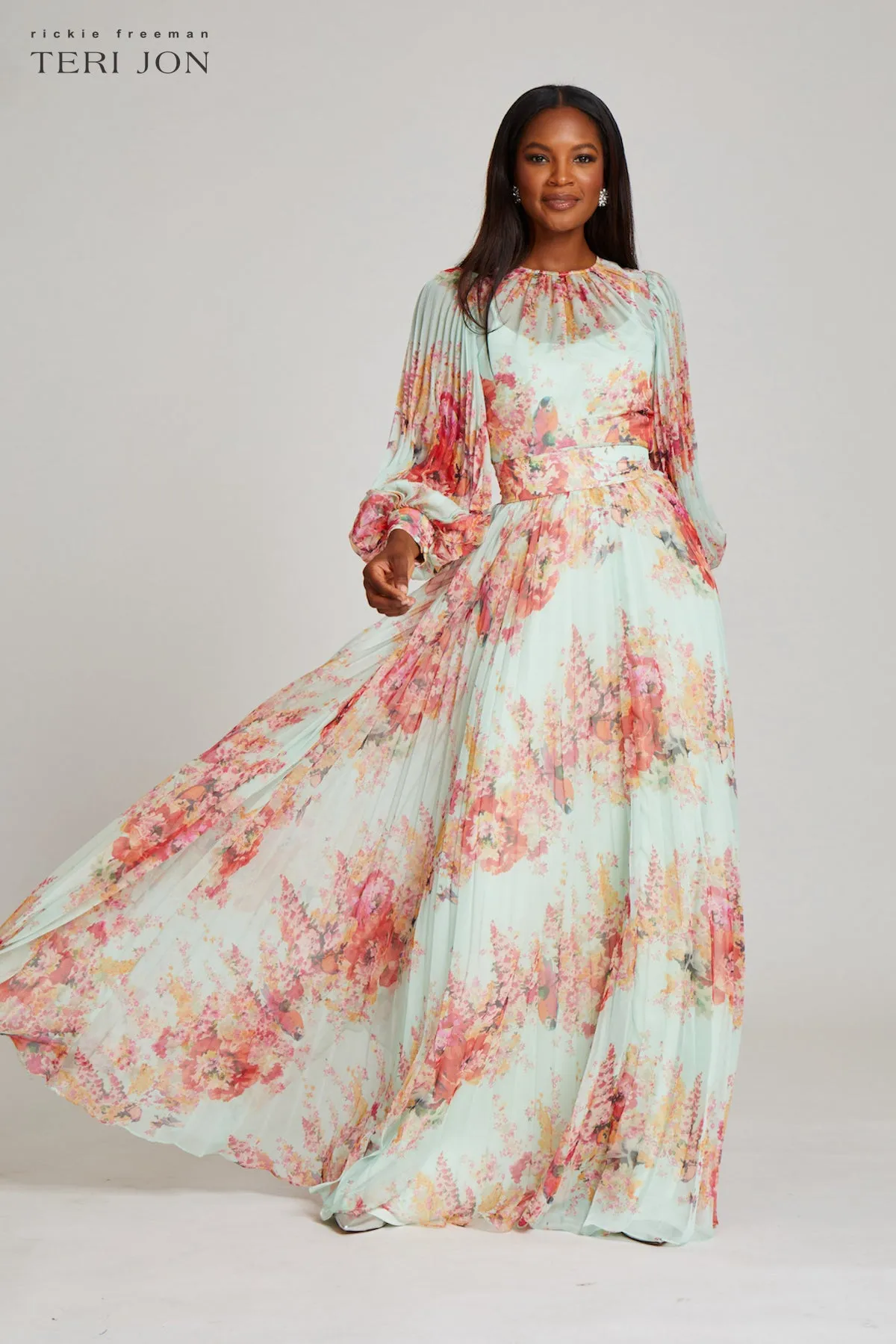 Printed Floral Pleated Maxi Gown