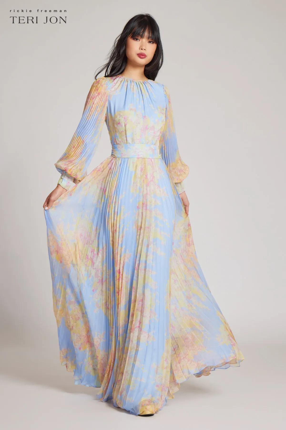 Printed Floral Pleated Maxi Gown