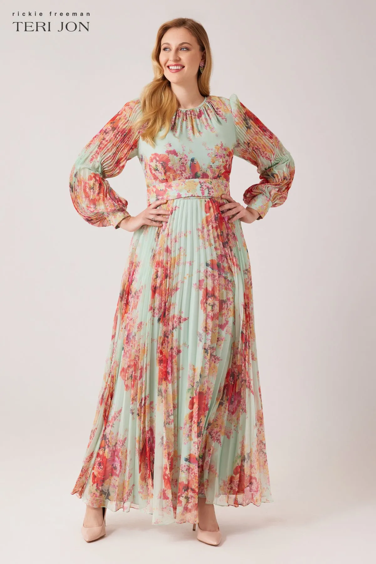 Printed Floral Pleated Maxi Gown