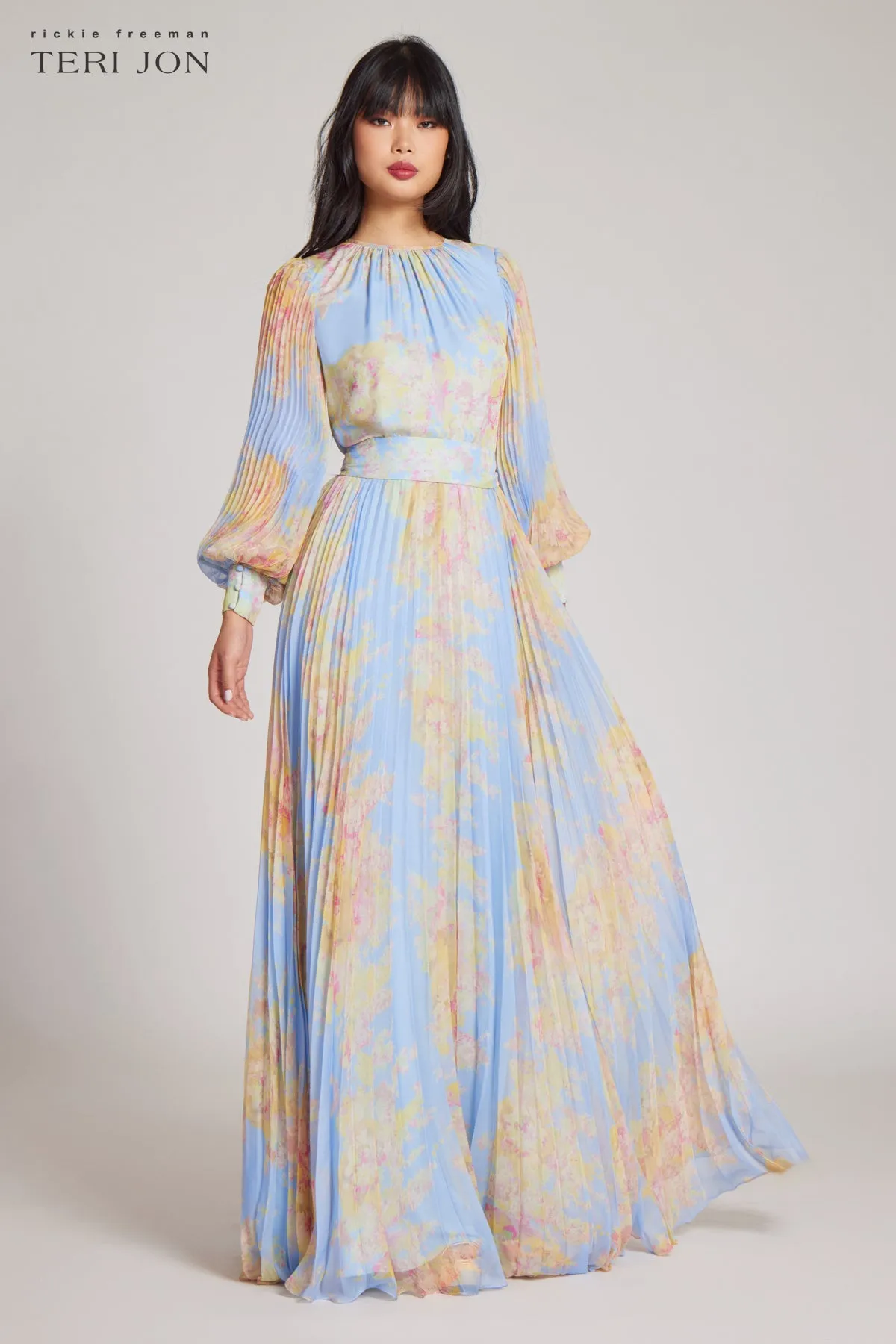 Printed Floral Pleated Maxi Gown