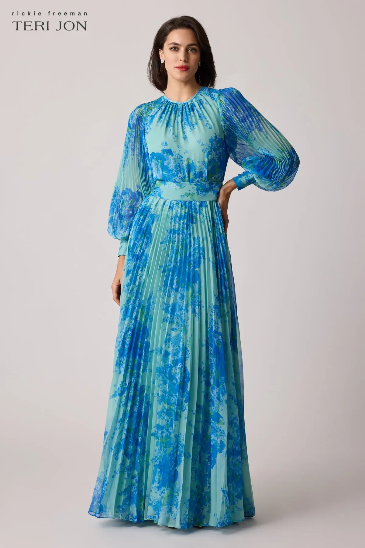 Printed Floral Pleated Maxi Gown