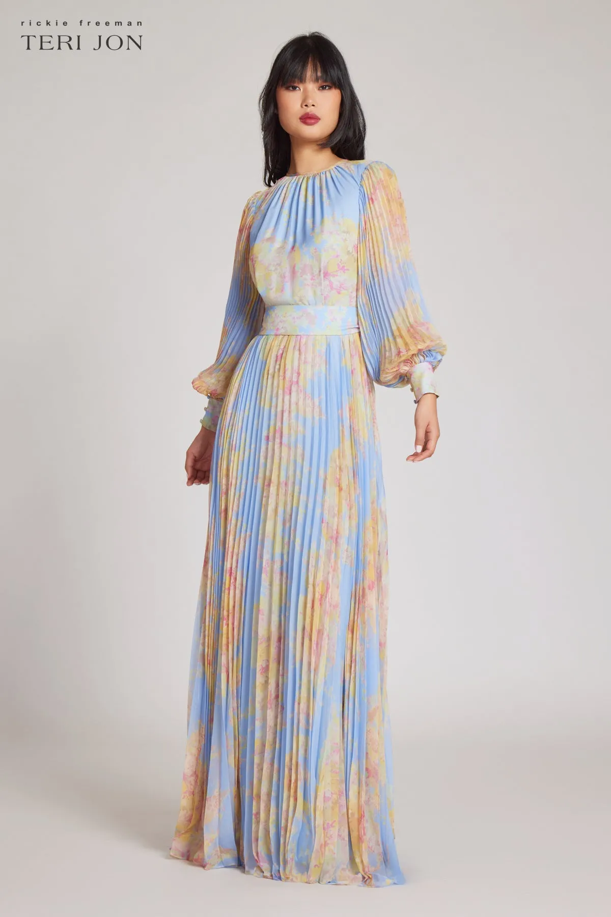 Printed Floral Pleated Maxi Gown