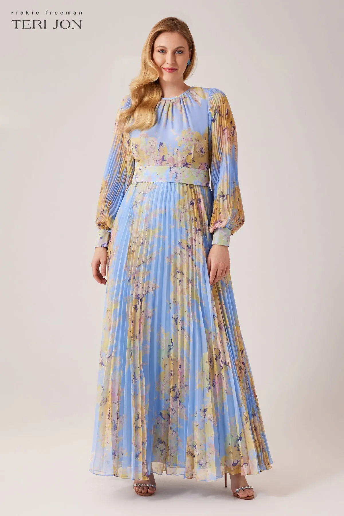 Printed Floral Pleated Maxi Gown