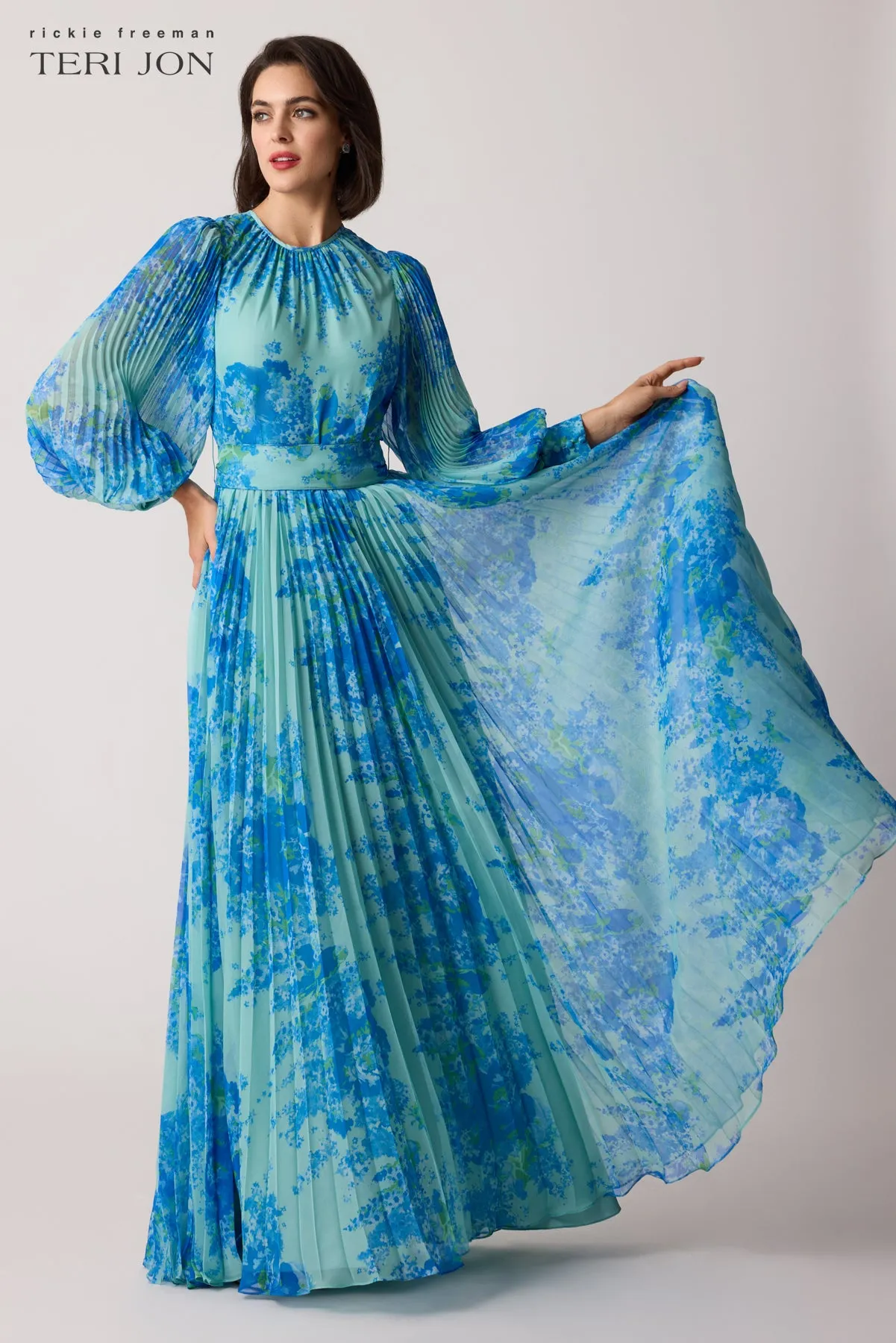 Printed Floral Pleated Maxi Gown