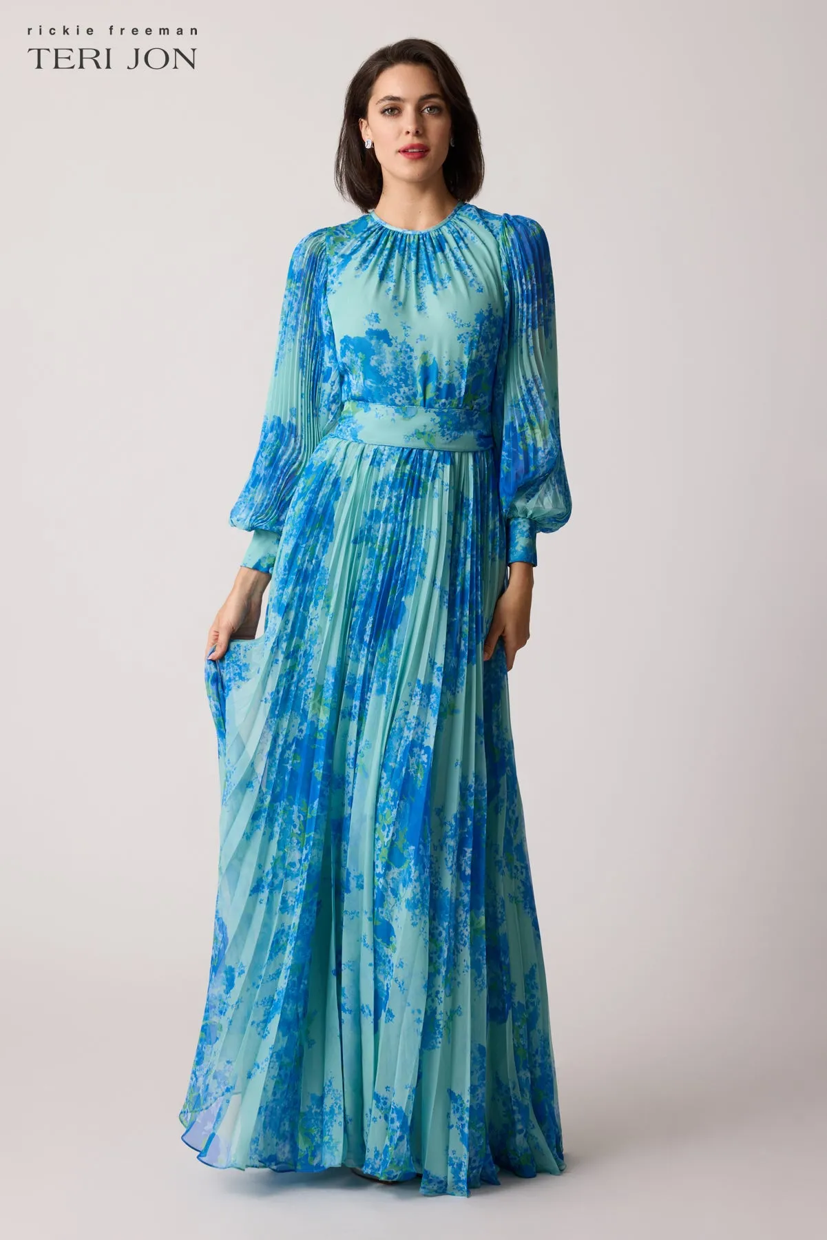 Printed Floral Pleated Maxi Gown