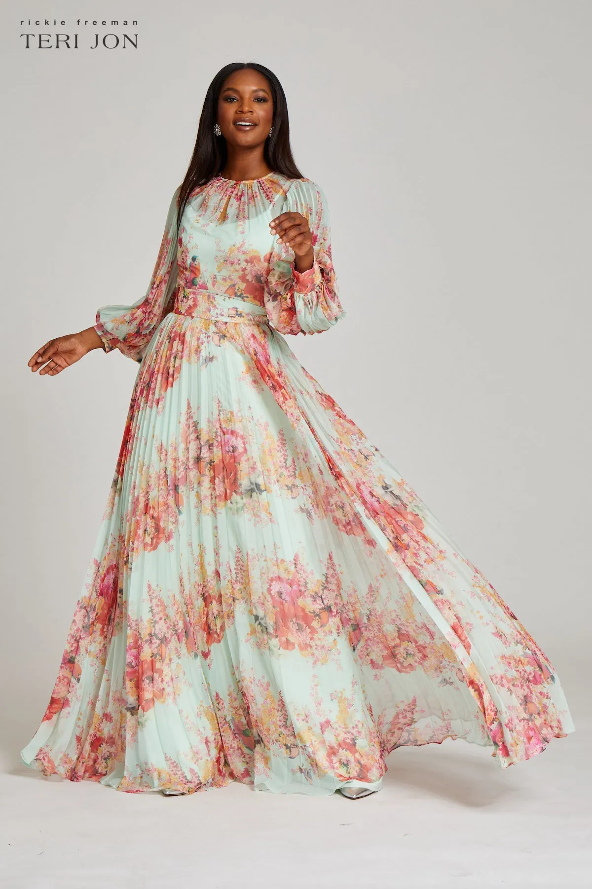 Printed Floral Pleated Maxi Gown