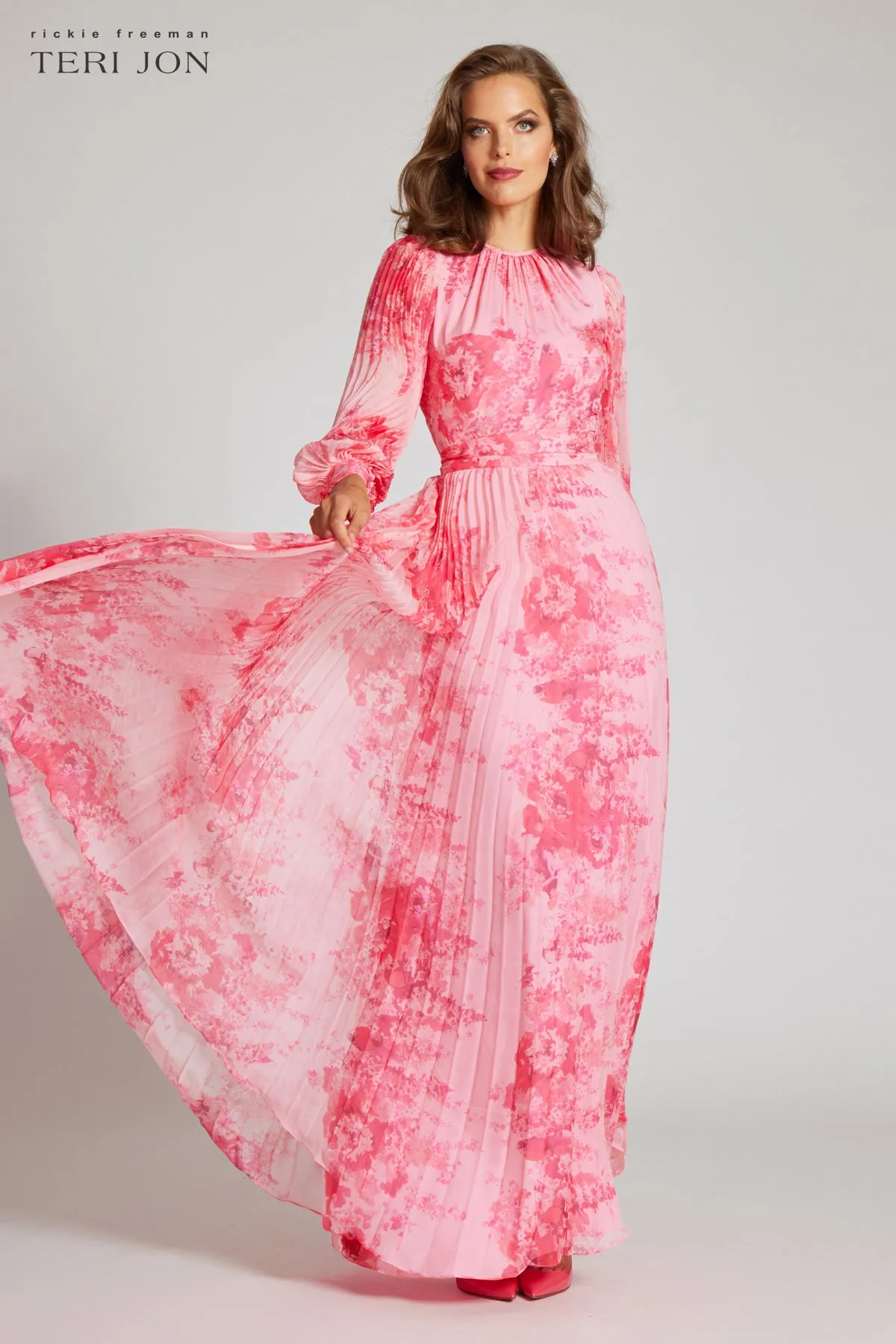 Printed Floral Pleated Maxi Gown