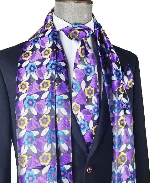 Purple Floral 100% Silk Tie, Scarf and Pocket Square