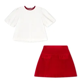 Rudy Red & Winter White Velvet Skirt Set (washable)