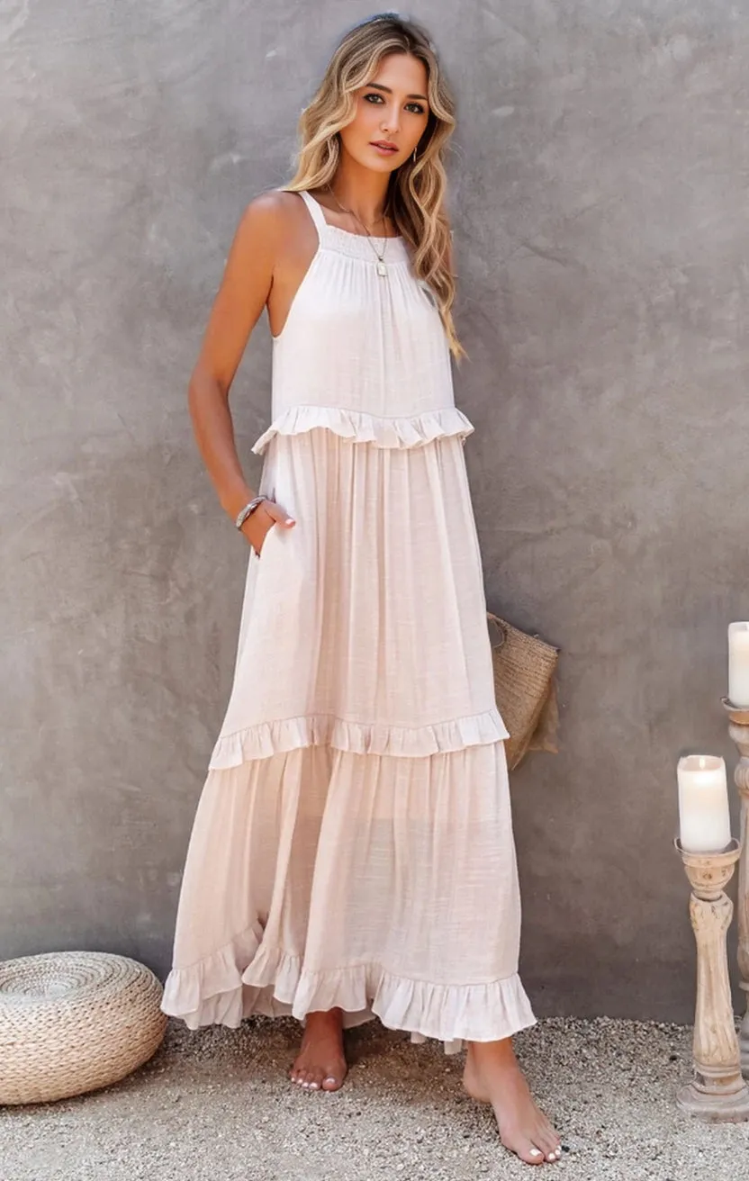 Ruffled Sleeveless Tiered Maxi Dress with Pockets