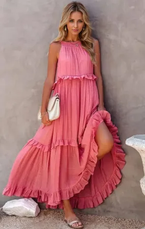 Ruffled Sleeveless Tiered Maxi Dress with Pockets