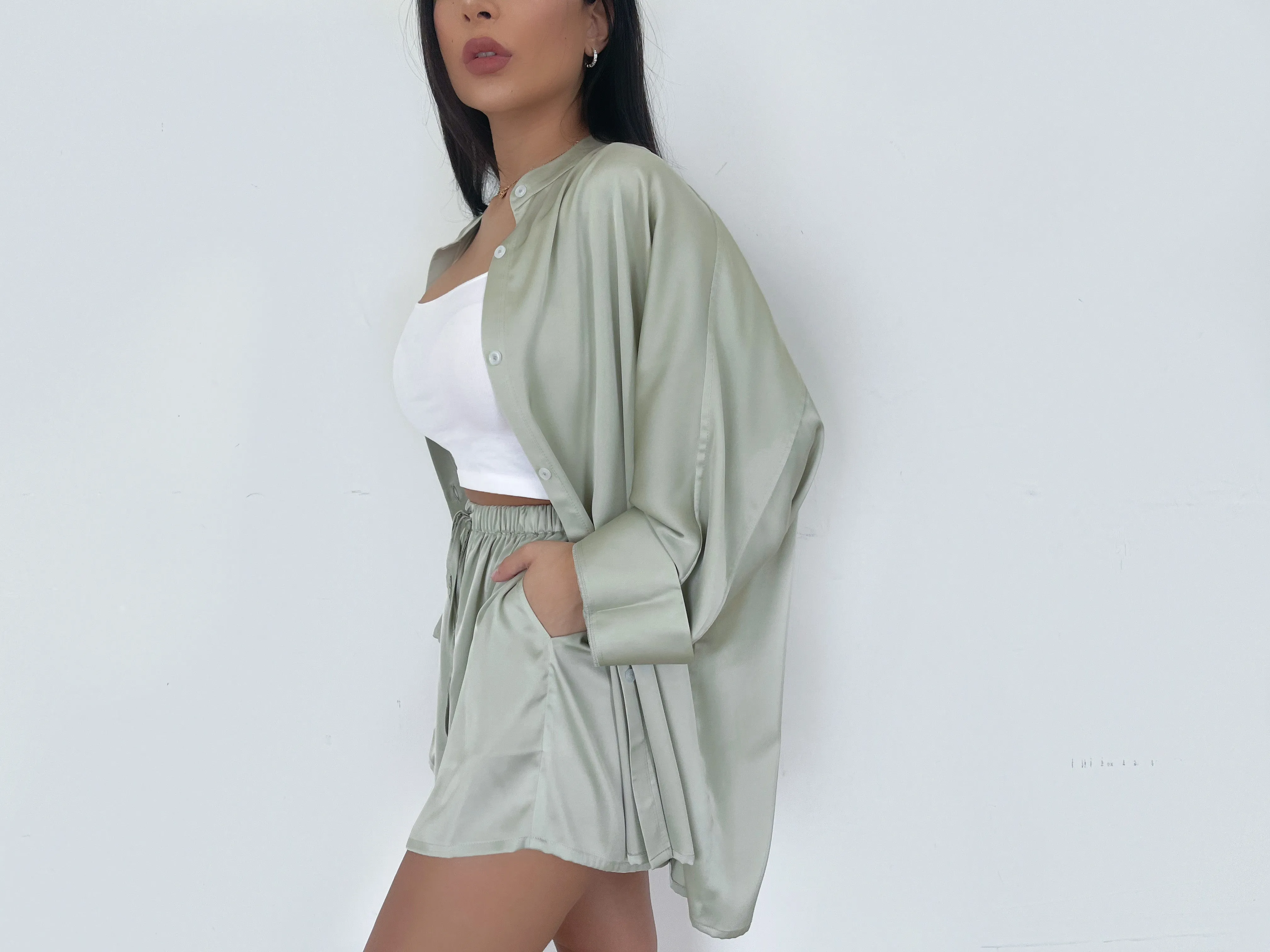 SAGE COLLARLESS OVERSIZED SILK SHIRT