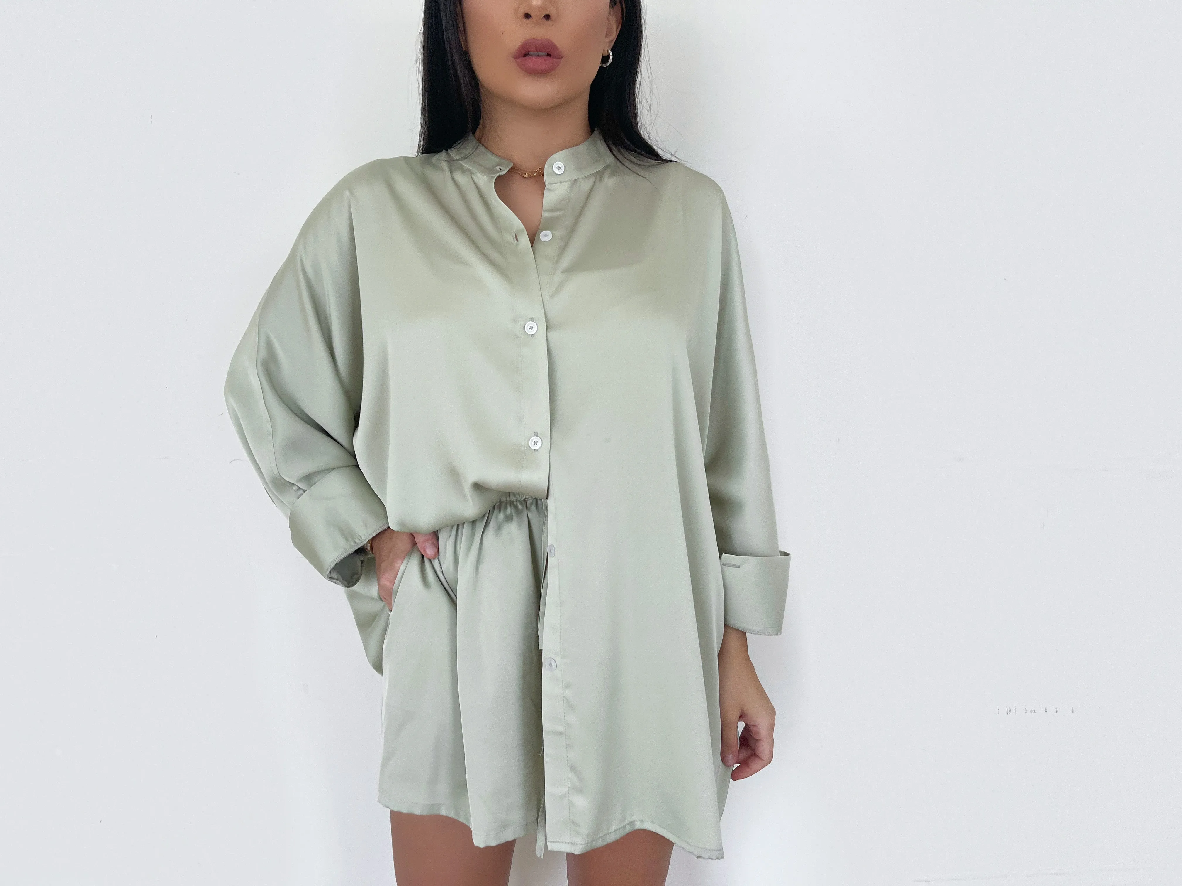 SAGE COLLARLESS OVERSIZED SILK SHIRT