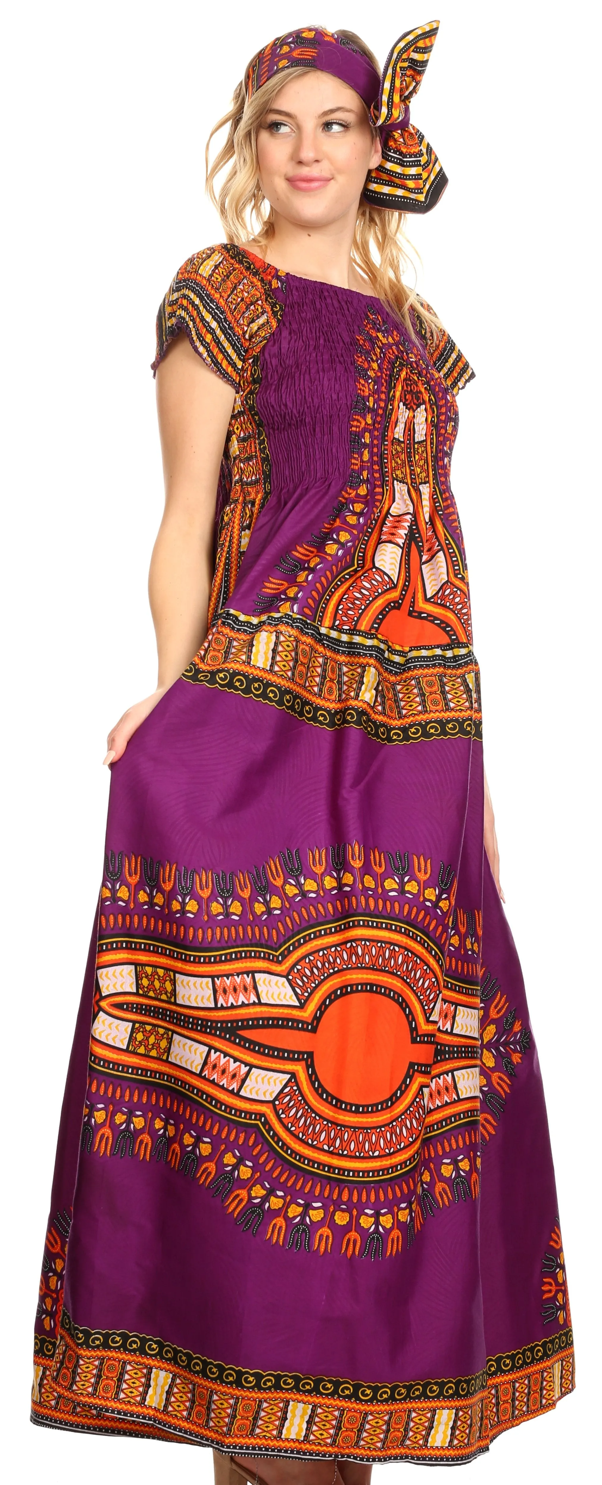 Sakkas Nataly Women's Maxi Off Shoulder Smock Dress African Dashiki Short Sleeve