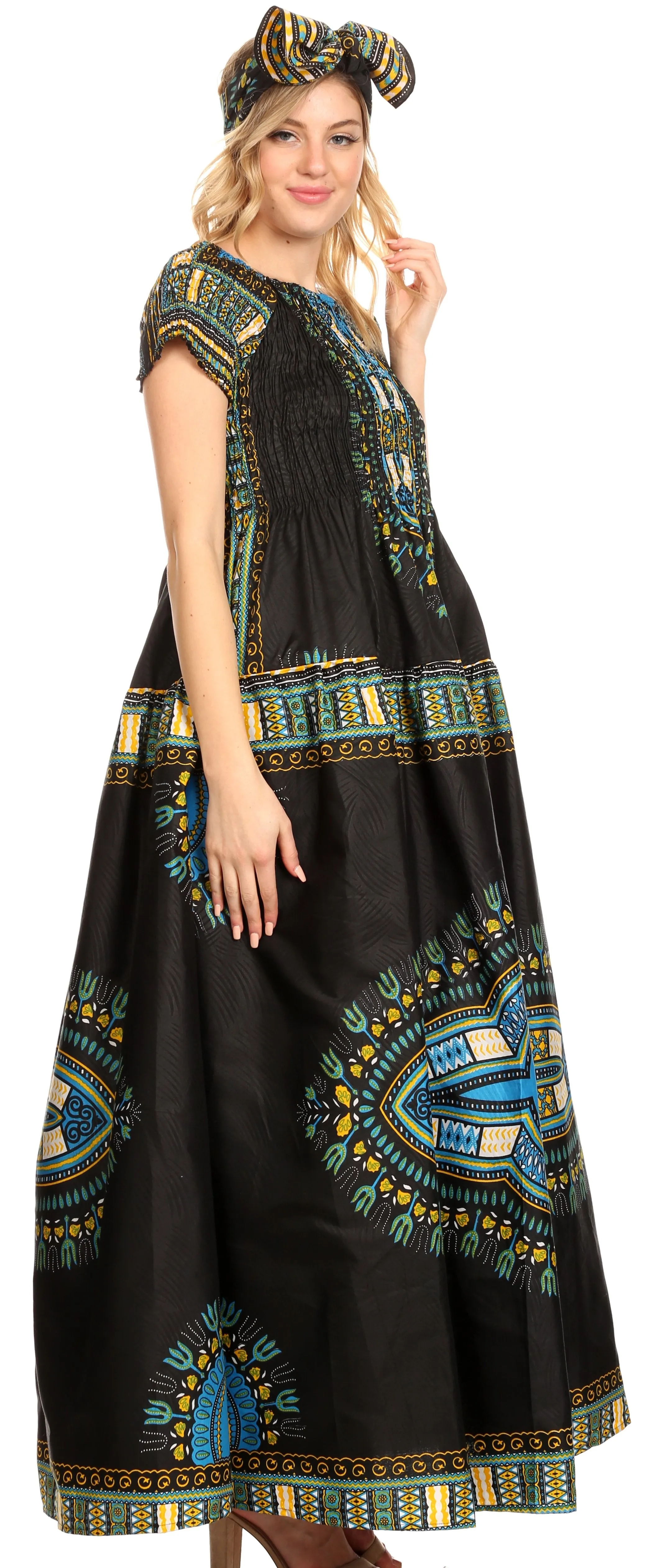 Sakkas Nataly Women's Maxi Off Shoulder Smock Dress African Dashiki Short Sleeve