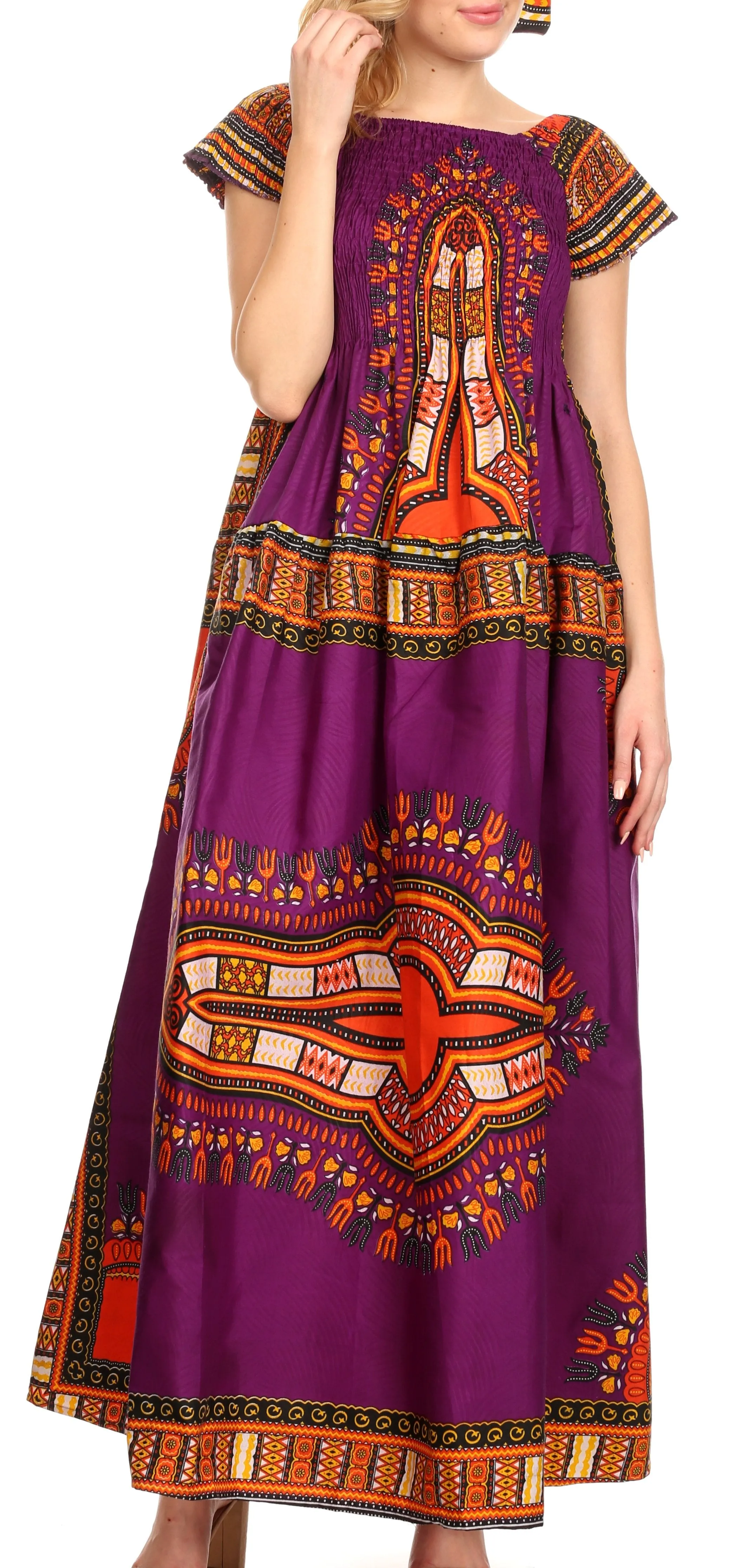 Sakkas Nataly Women's Maxi Off Shoulder Smock Dress African Dashiki Short Sleeve