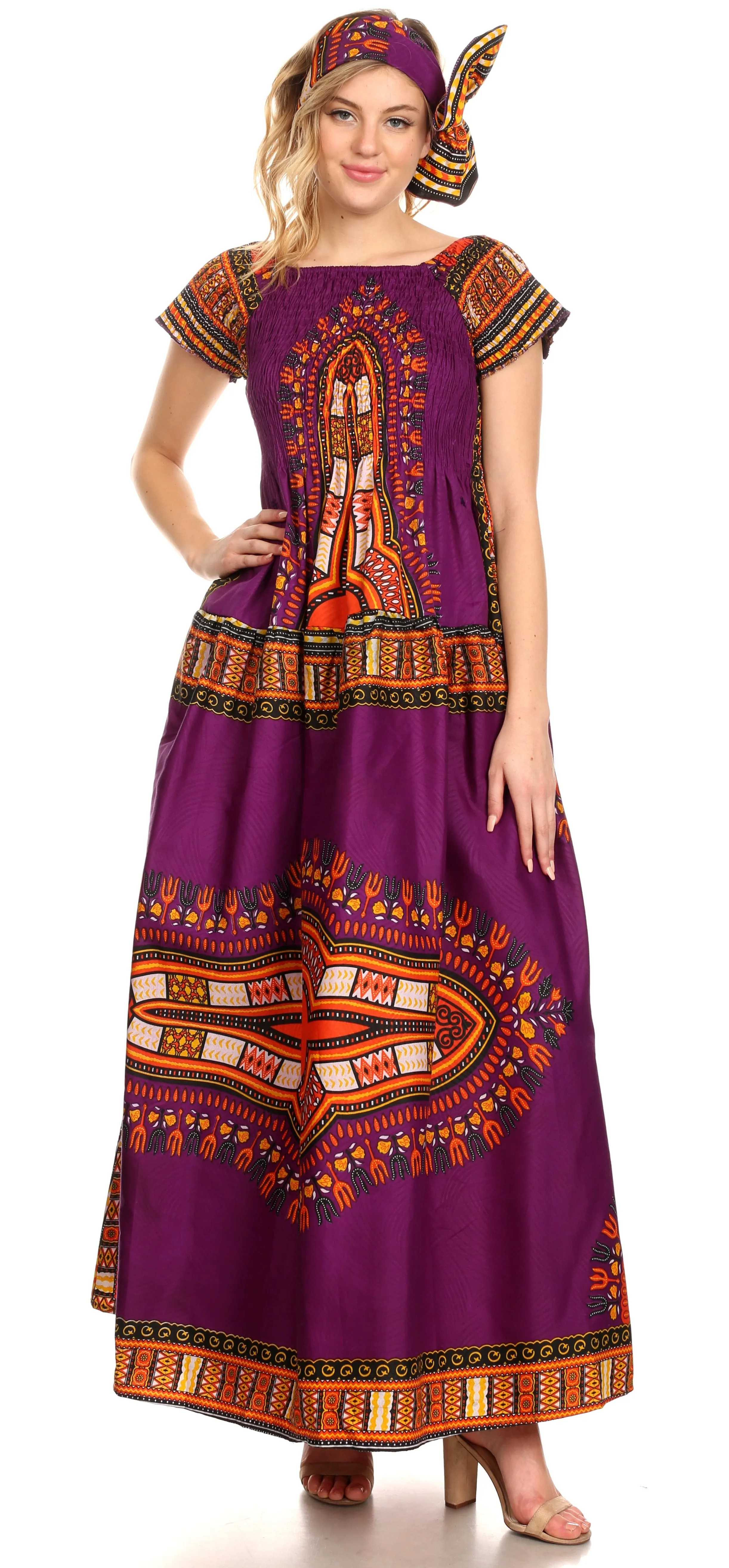 Sakkas Nataly Women's Maxi Off Shoulder Smock Dress African Dashiki Short Sleeve