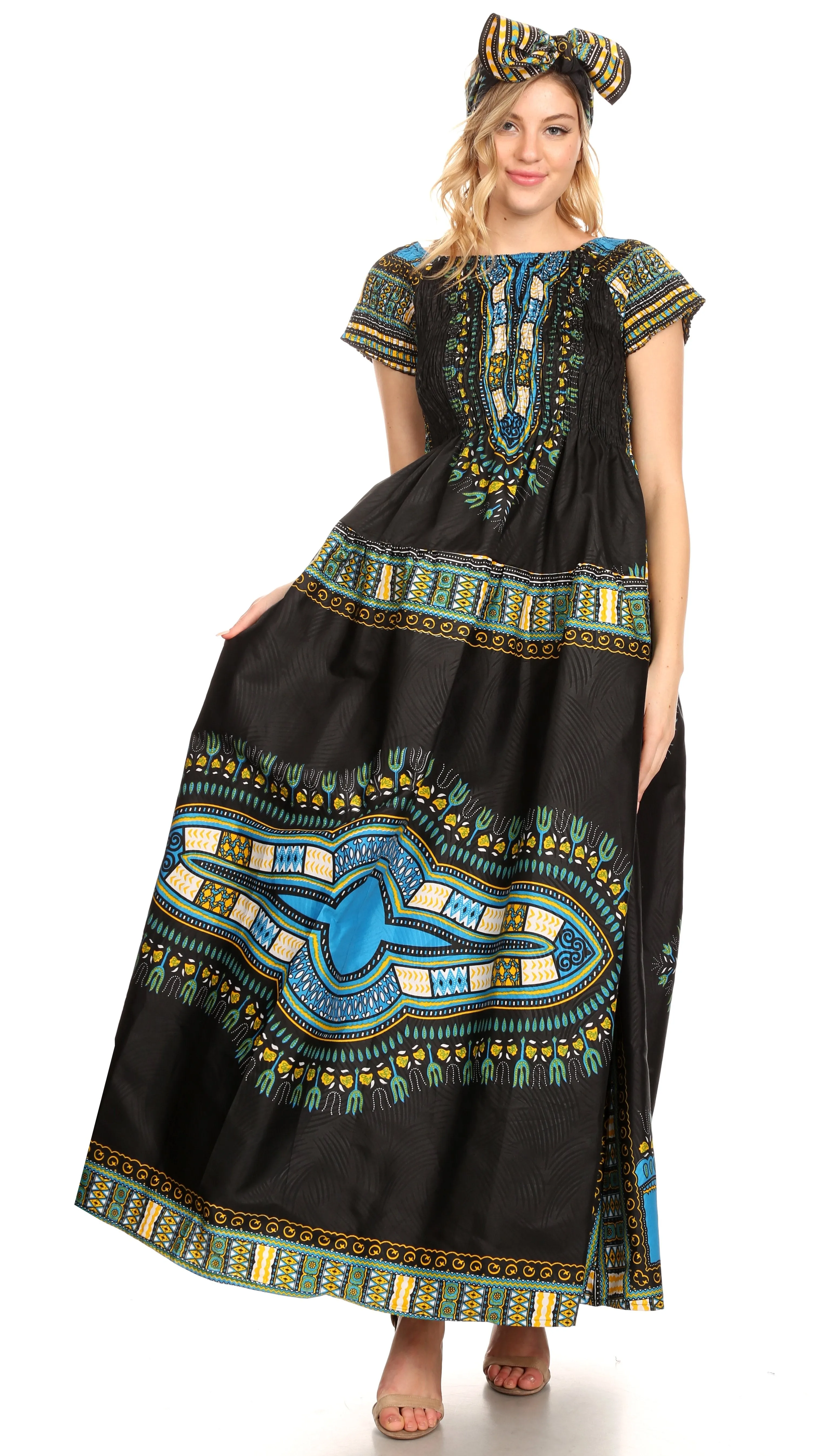 Sakkas Nataly Women's Maxi Off Shoulder Smock Dress African Dashiki Short Sleeve