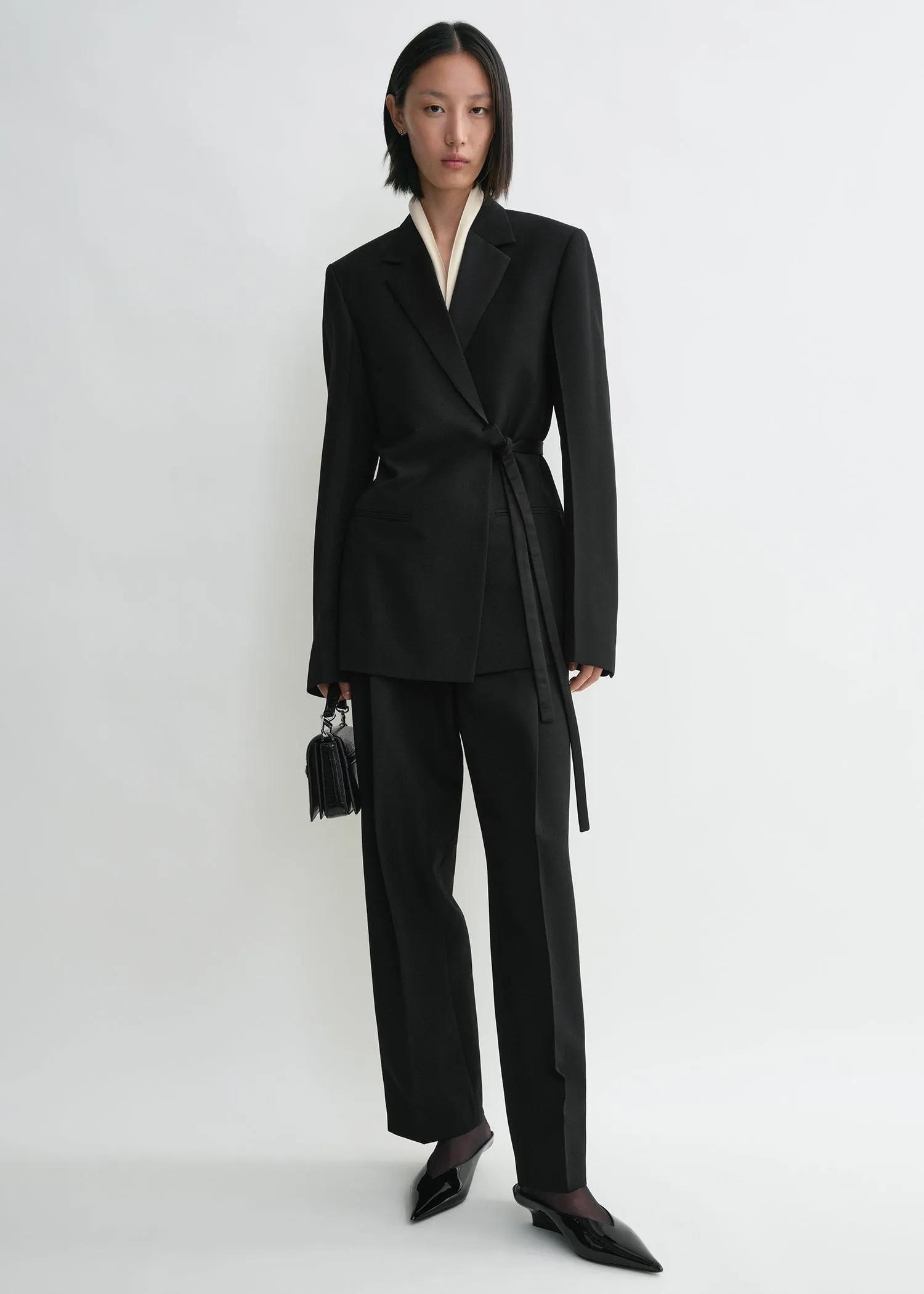 Satin-lapel wrap blazer black