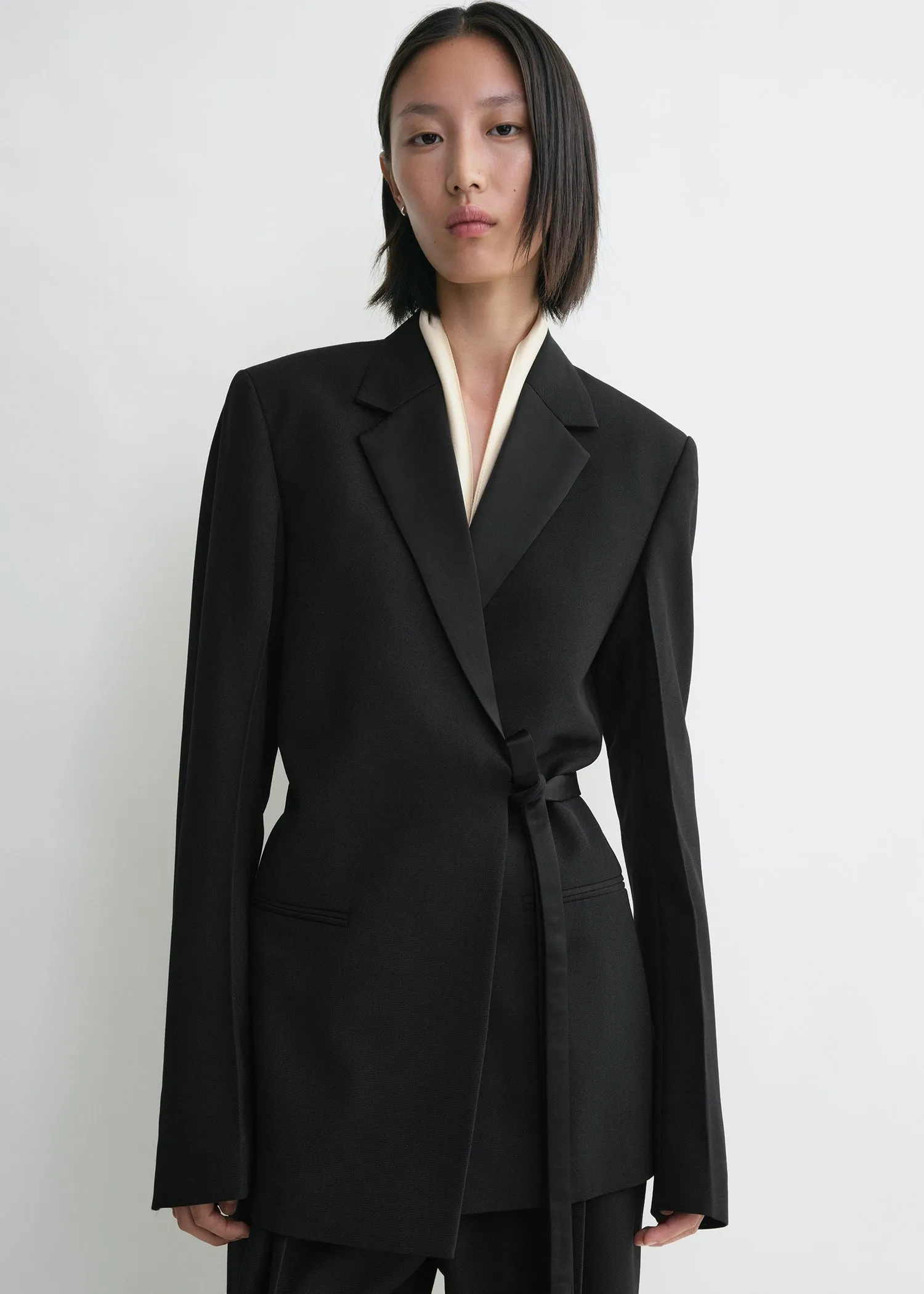 Satin-lapel wrap blazer black