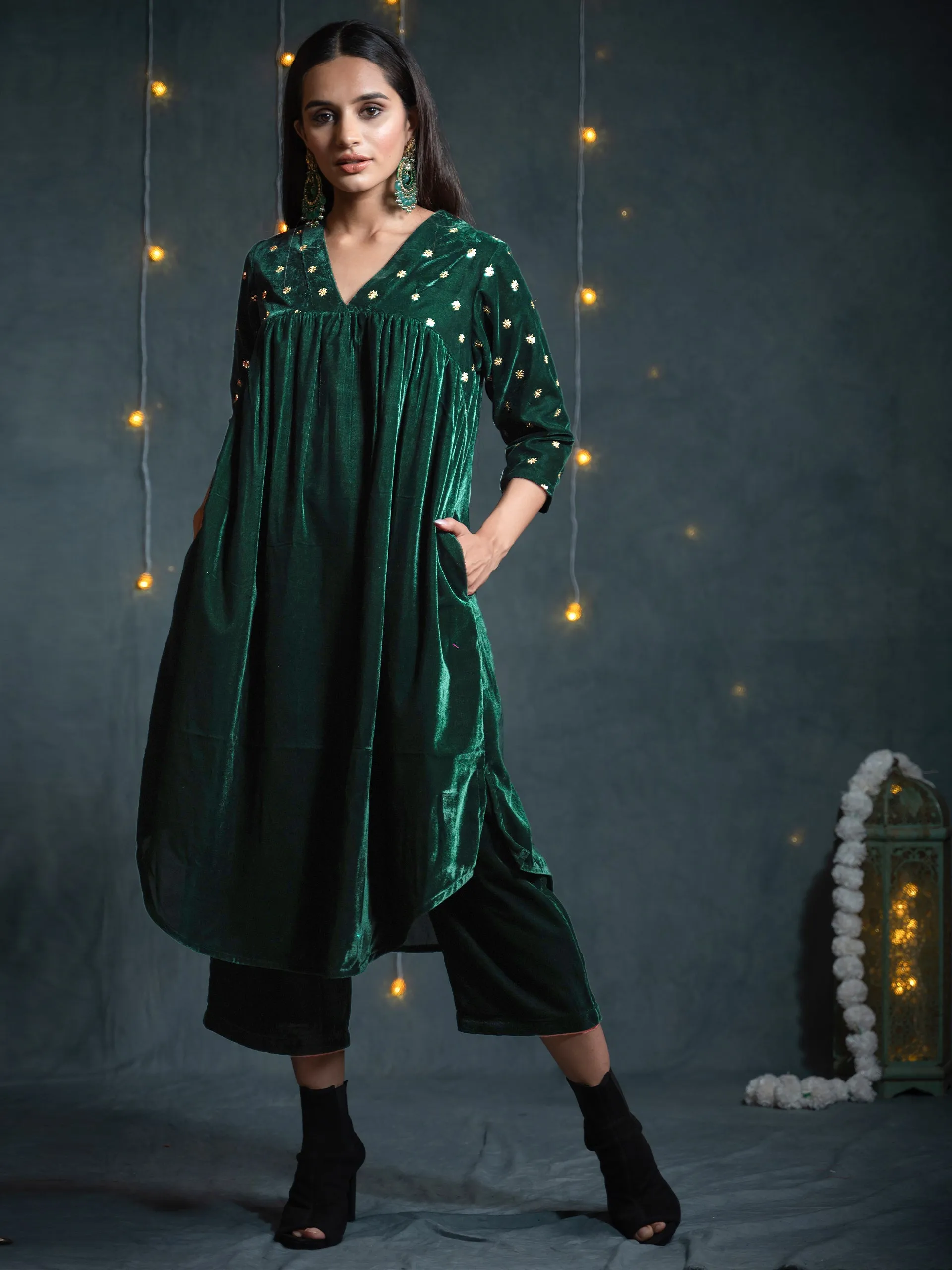 SET Green Velvet with Sequined Sleeves & Yoke