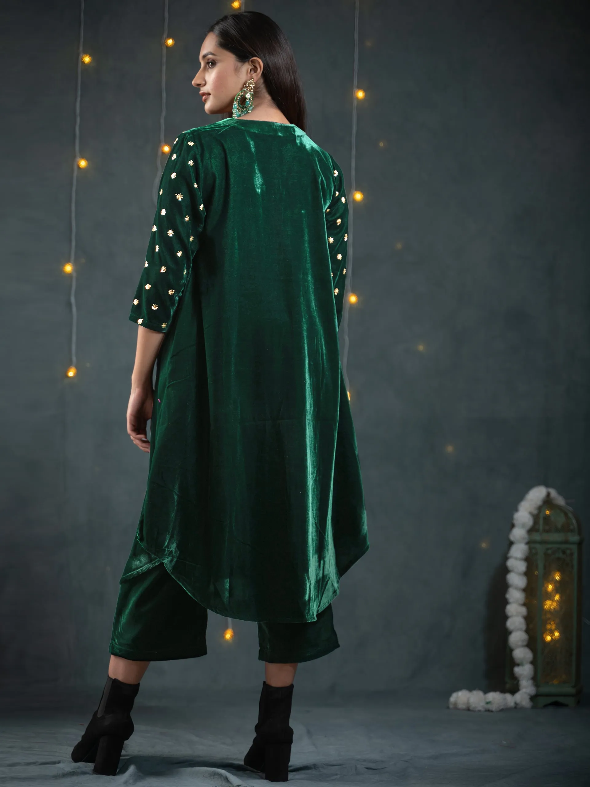 SET Green Velvet with Sequined Sleeves & Yoke