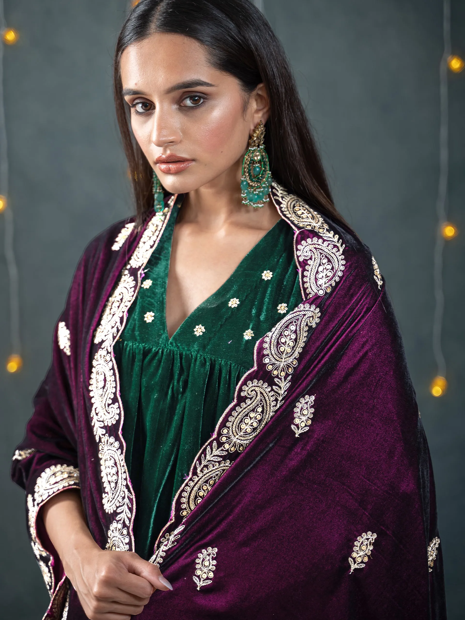 SET Green Velvet with Sequined Sleeves & Yoke