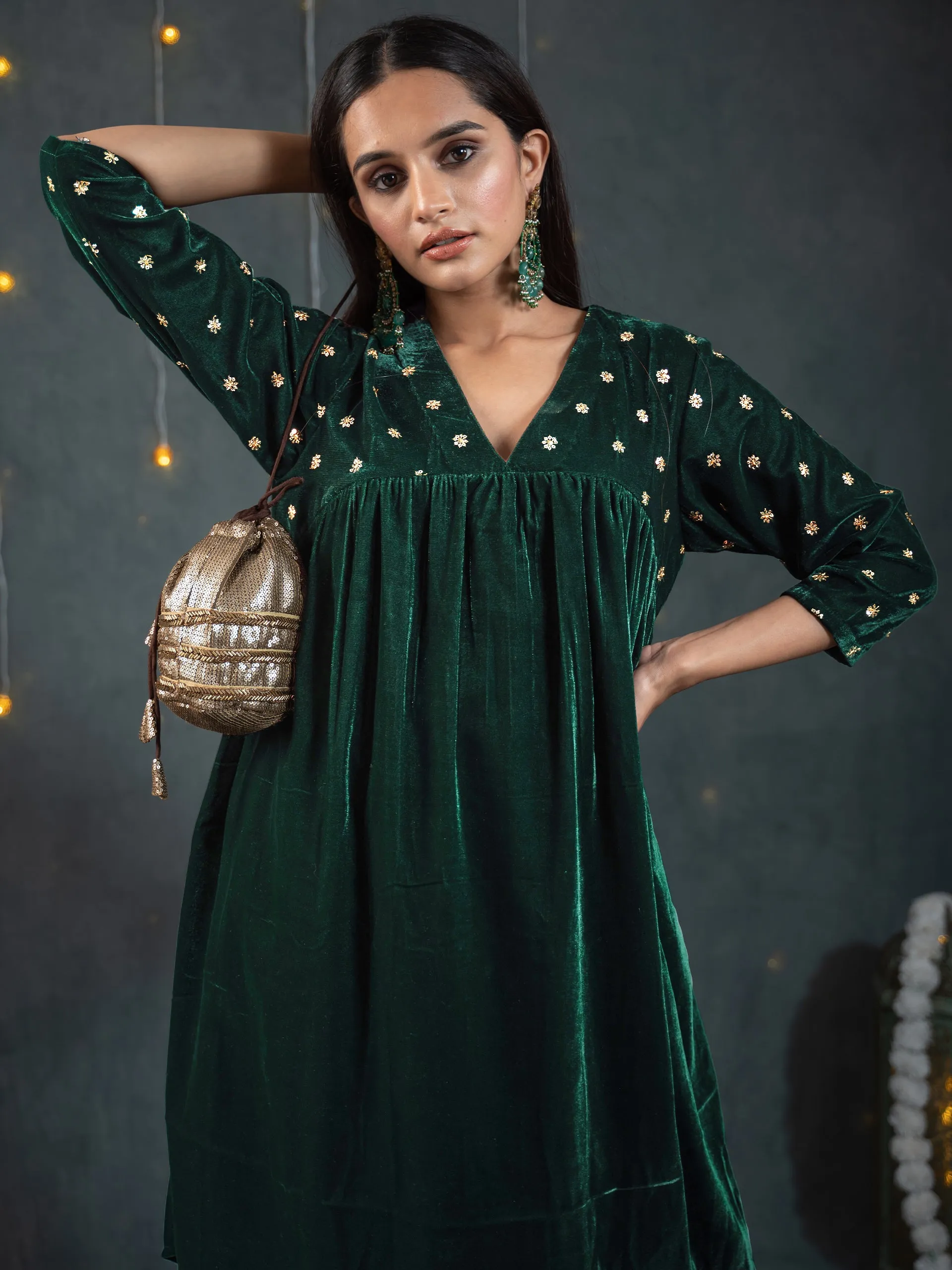 SET Green Velvet with Sequined Sleeves & Yoke