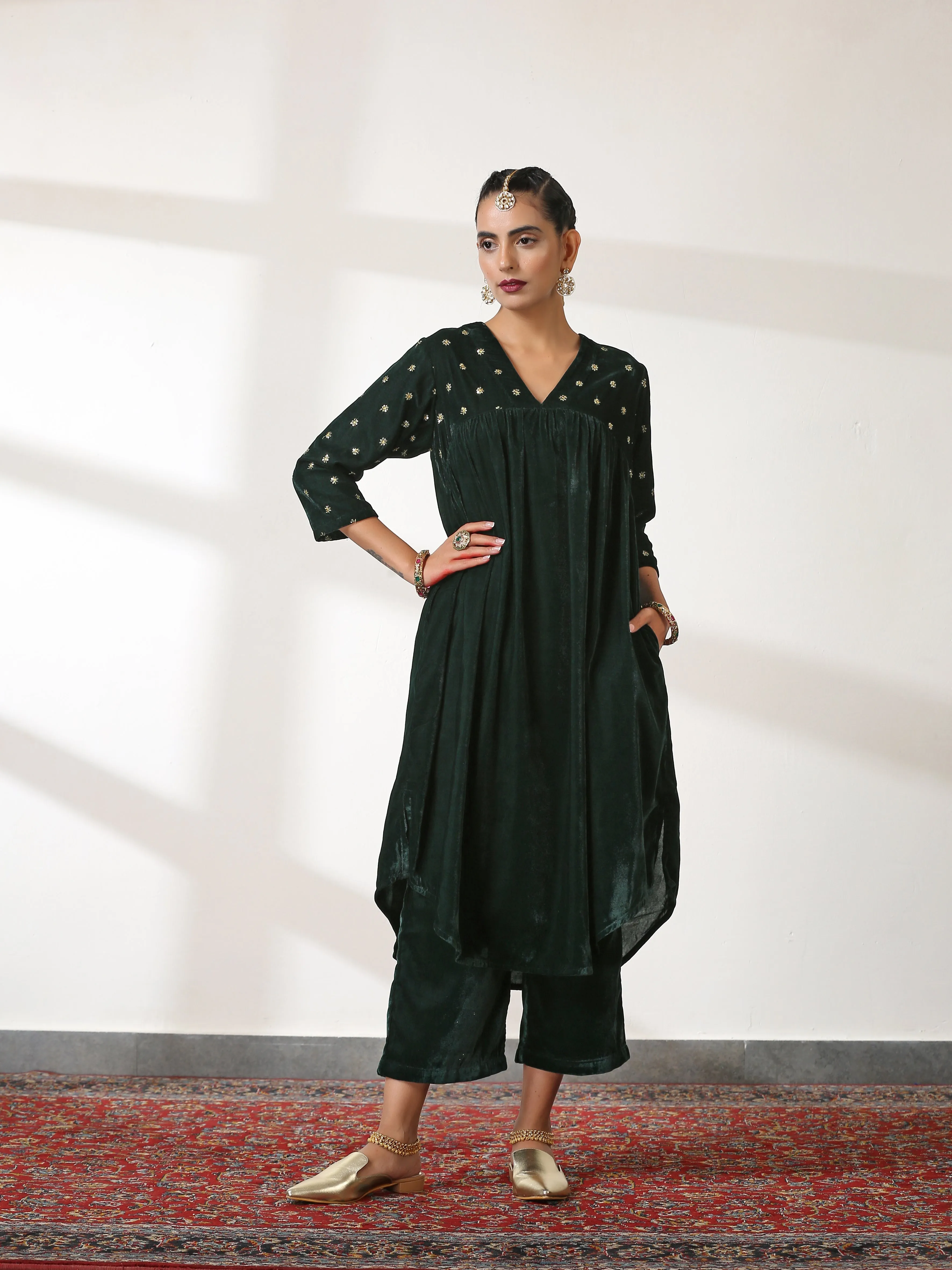 SET Green Velvet with Sequined Sleeves & Yoke