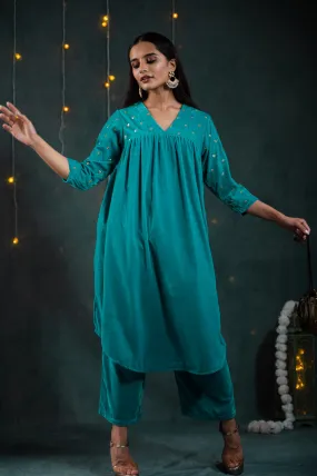 SET Sky Blue Velvet with Sequined Sleeves and Yoke