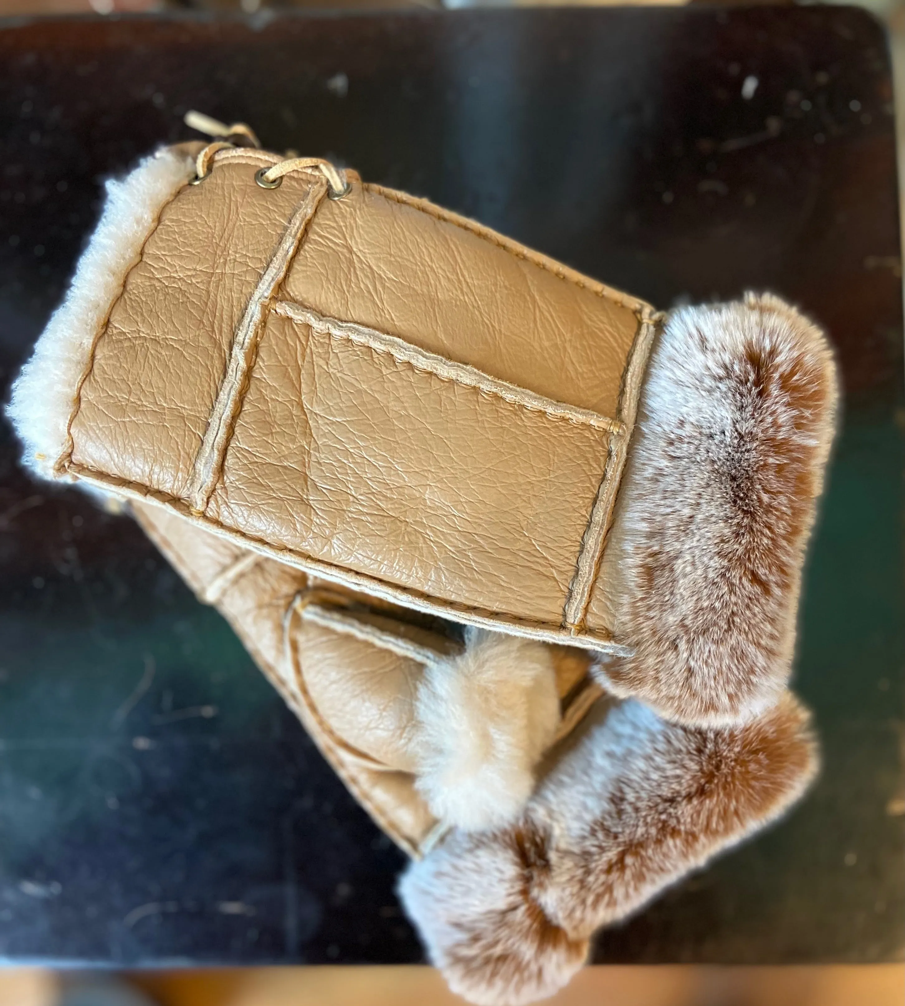 Shearling Lined Leather Fingerless Gloves With Rabbit Fur Trim