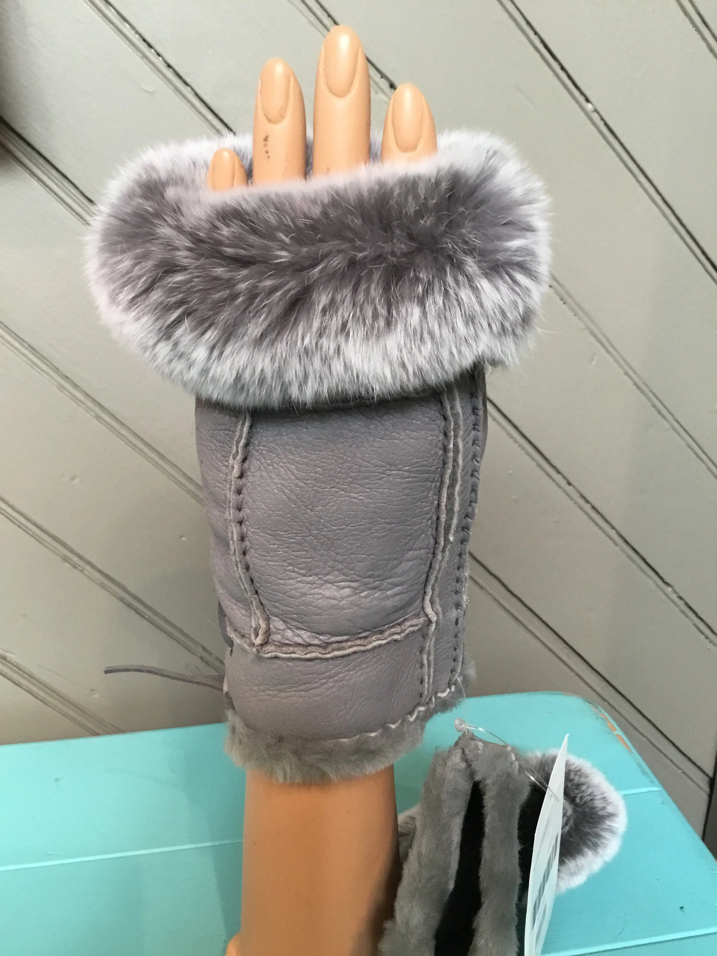 Shearling Lined Leather Fingerless Gloves With Rabbit Fur Trim