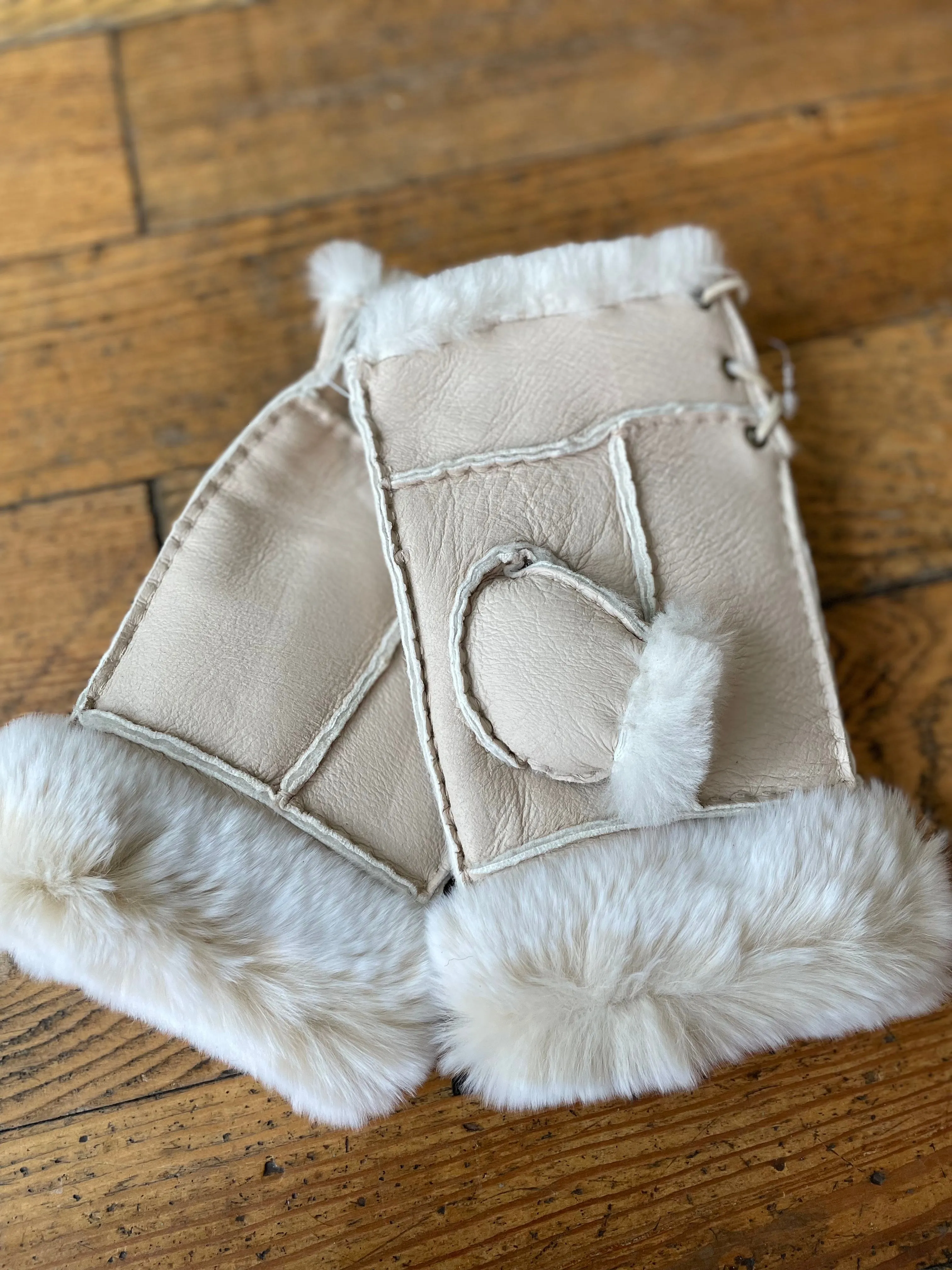 Shearling Lined Leather Fingerless Gloves With Rabbit Fur Trim