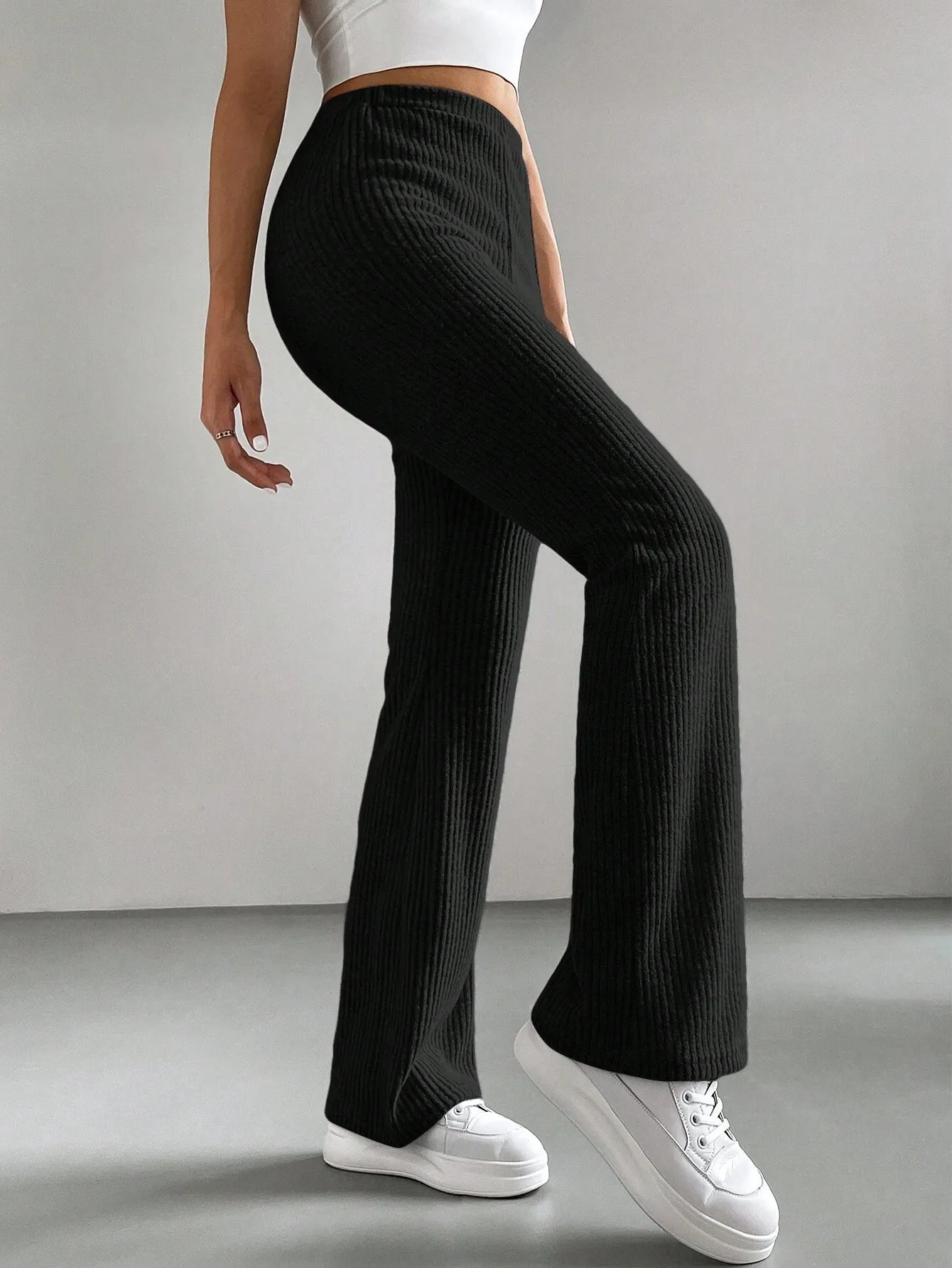 SHEIN EZwear Y2k Women's Solid Color Flared Bell Bottom Black Pants