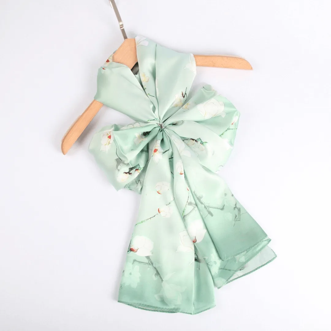 Silk Scarf Collections|Blossom Range| Magnolia Design|Green|Long Silk Scarf